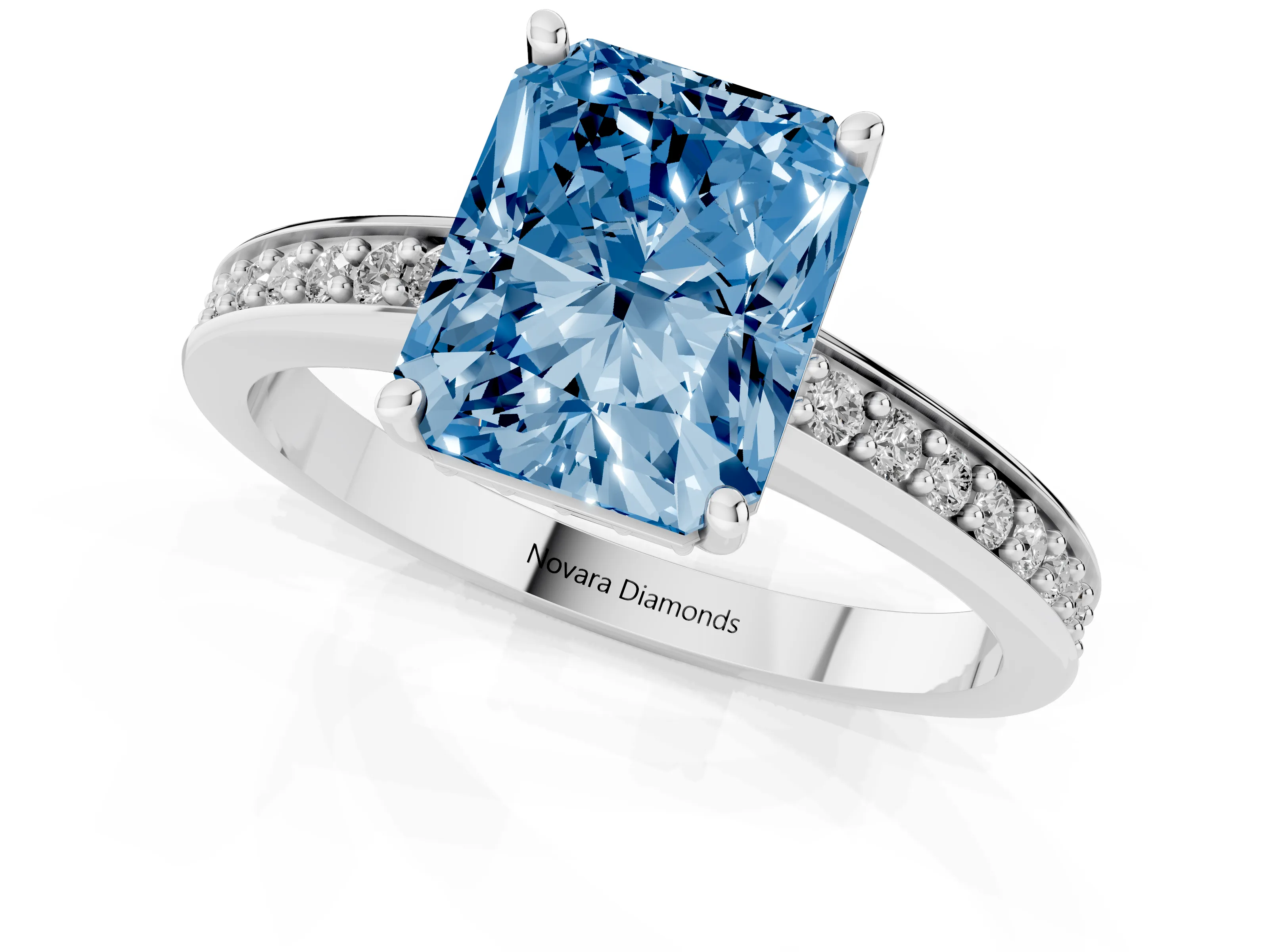 Fancy Blue Radiant Cut Diamond Pavé Band Prong Set Solitaire Ring Set in Silver