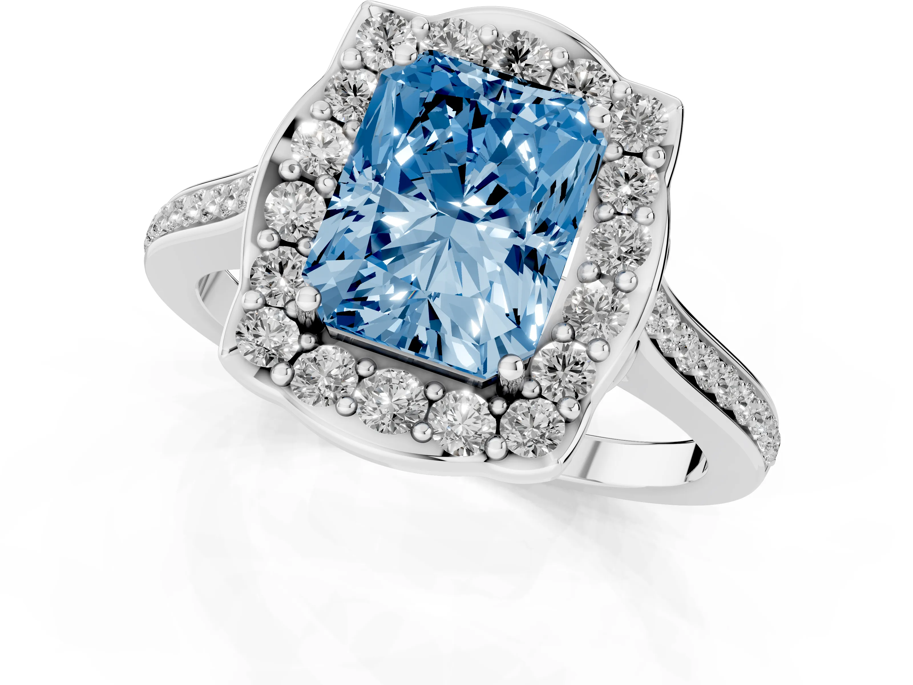 Fancy Blue Radiant Cut Diamond Halo Ring Set in Silver with Pavé-Lined Shoulders and Prong Setting