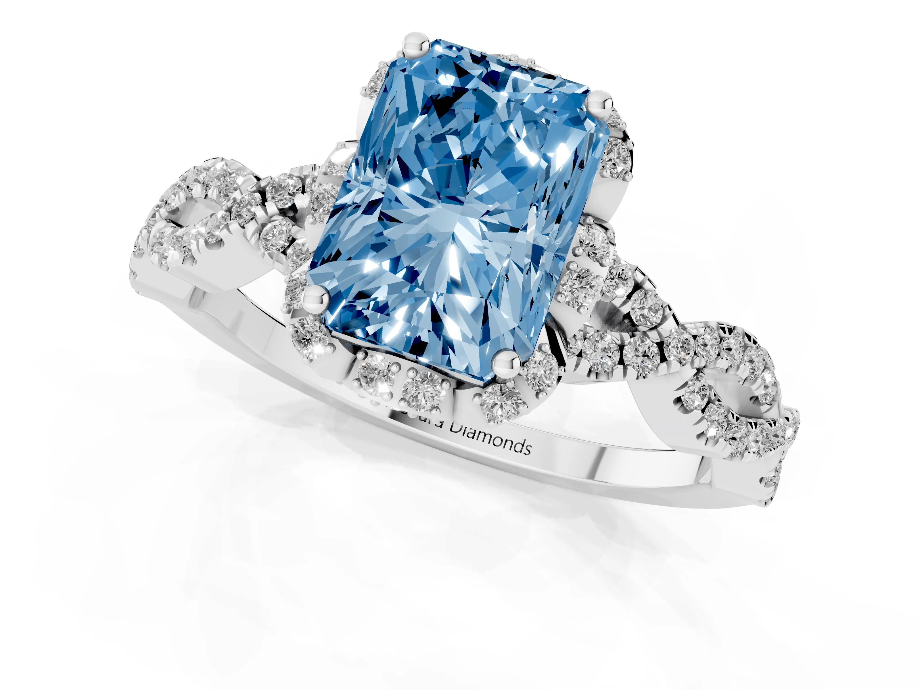 Fancy Blue Radiant Cut Diamond Halo Twist Band Solitaire Ring Set in Platinum with Prong-Set Center Stone