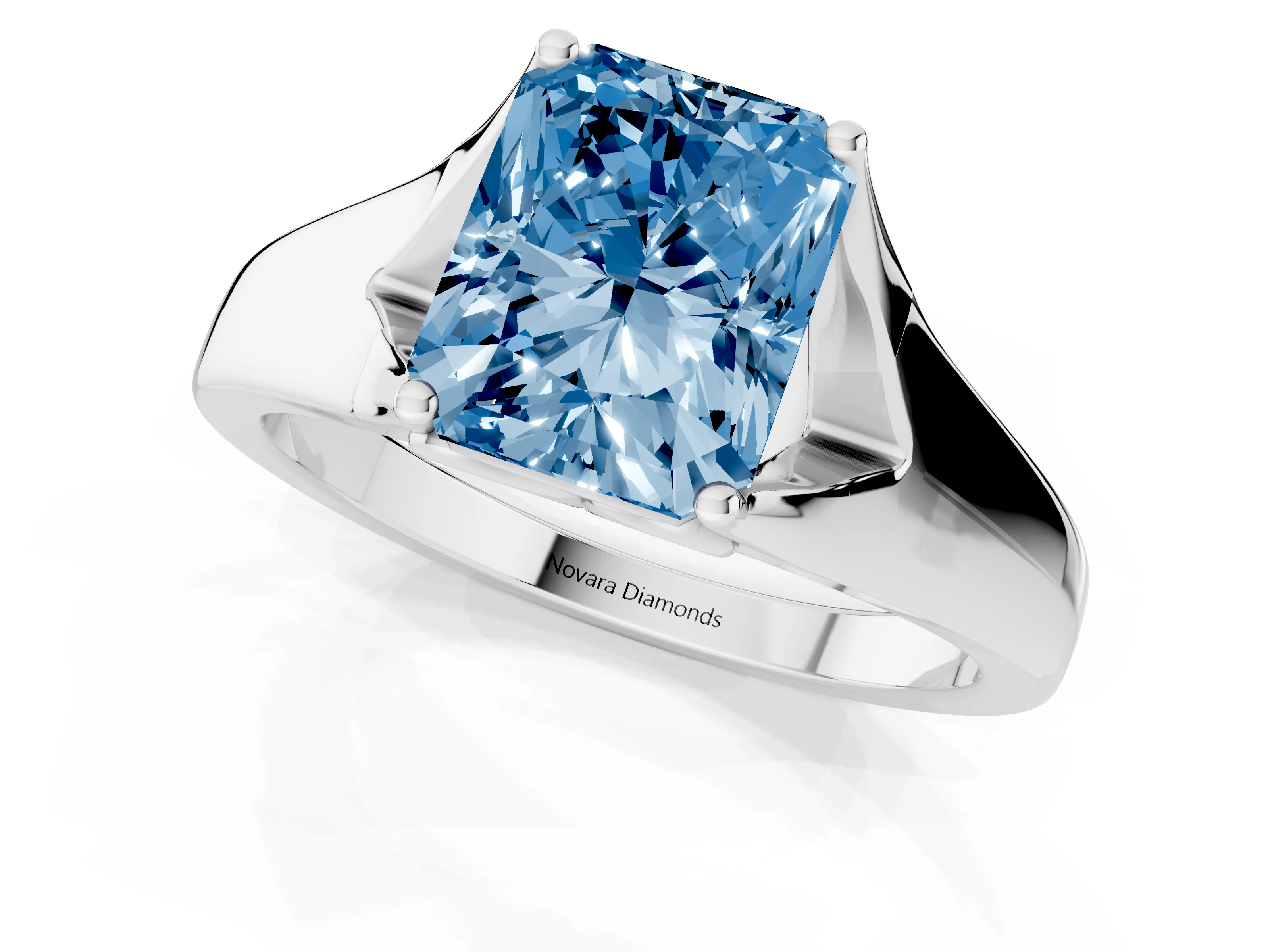 Fancy Blue Radiant Cut Diamond Solitaire Ring Set in Platinum with Arched Cathedral Band and Prong Setting