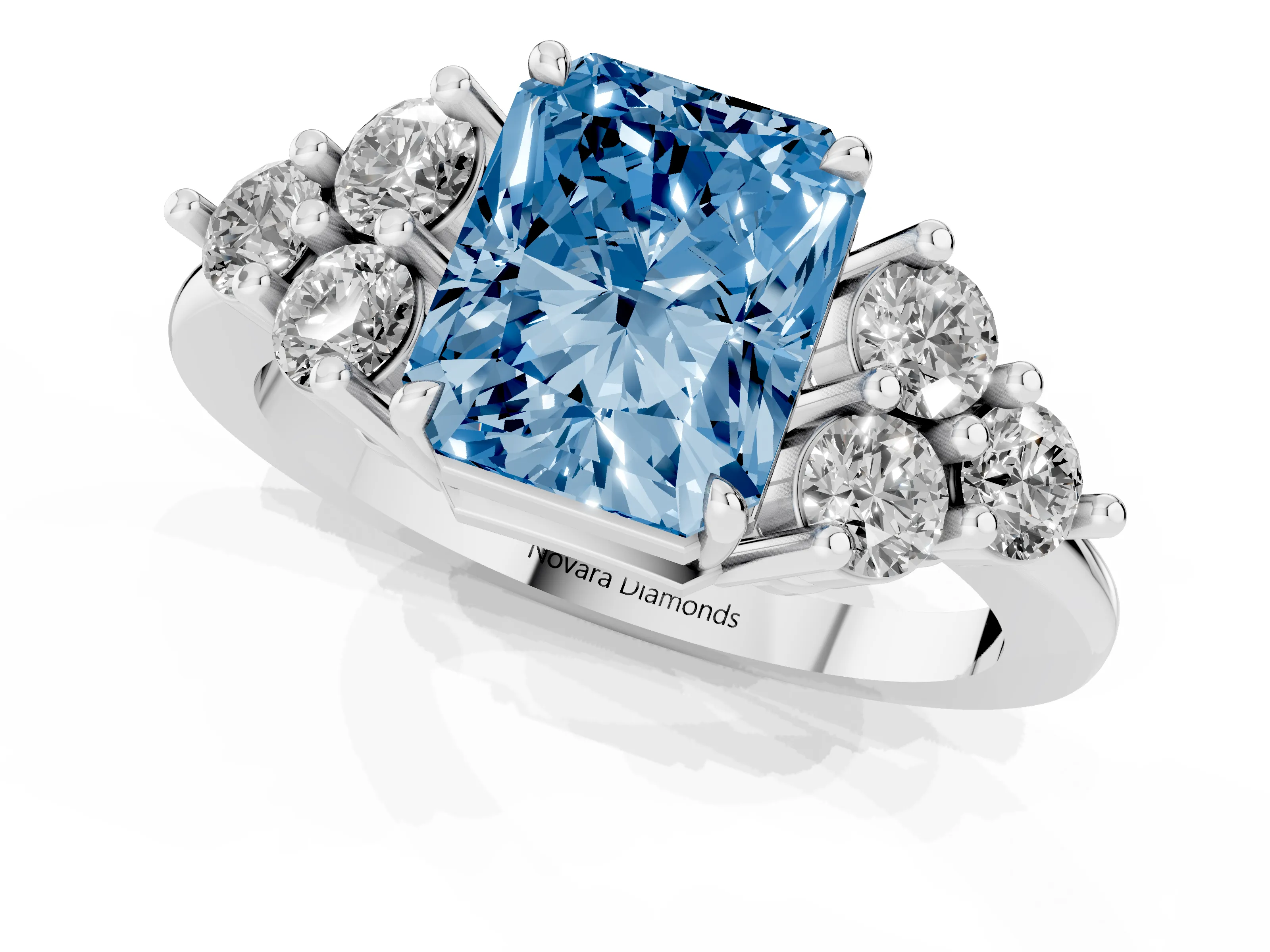 Fancy Blue Radiant Cut Diamond Solitaire Ring Set in White gold with Cluster Accents on Each Side