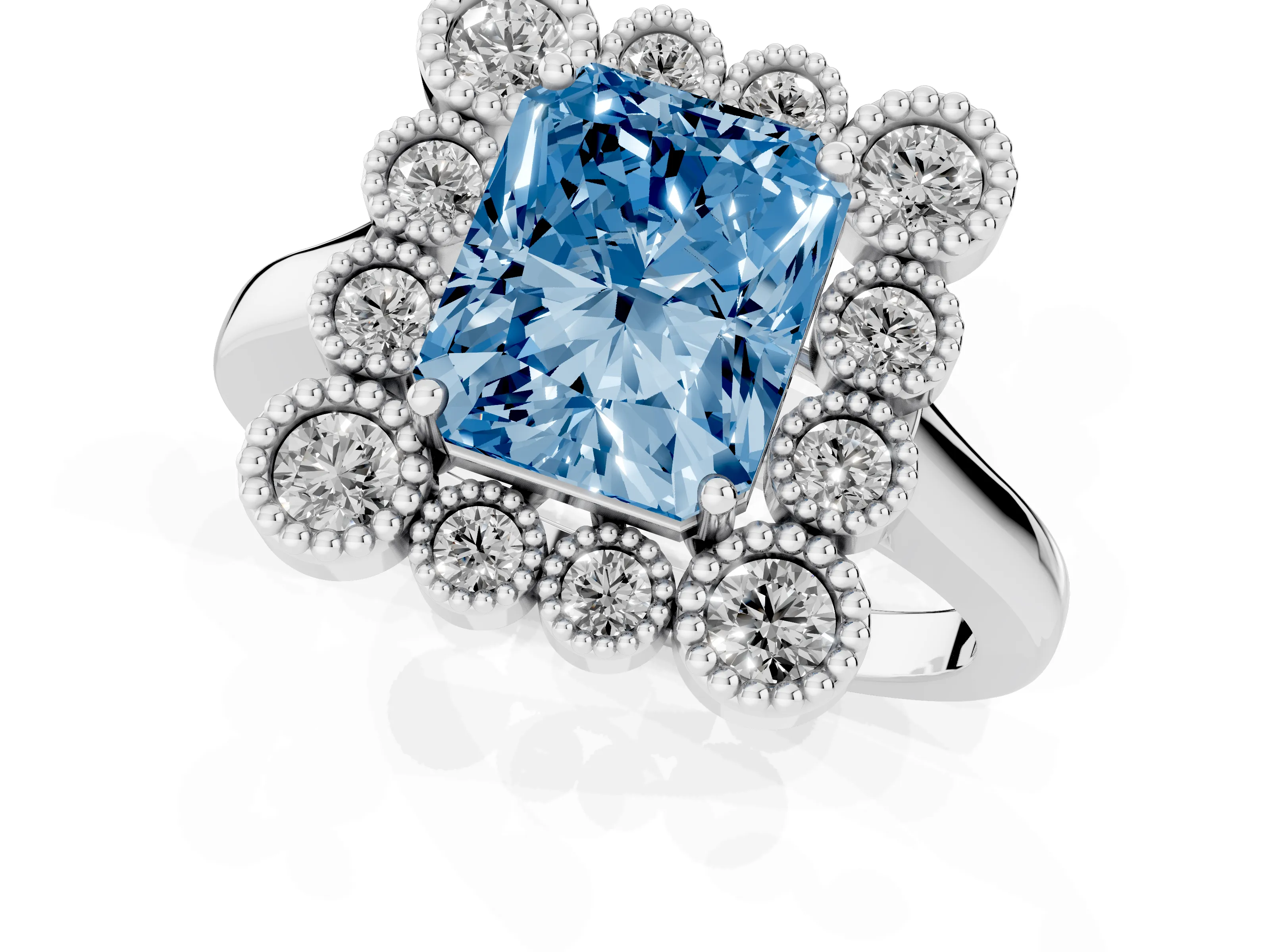 Fancy Blue Radiant Cut Diamond Cluster Halo Ring Set in White gold with Milgrain Bezel Accents and Plain Band