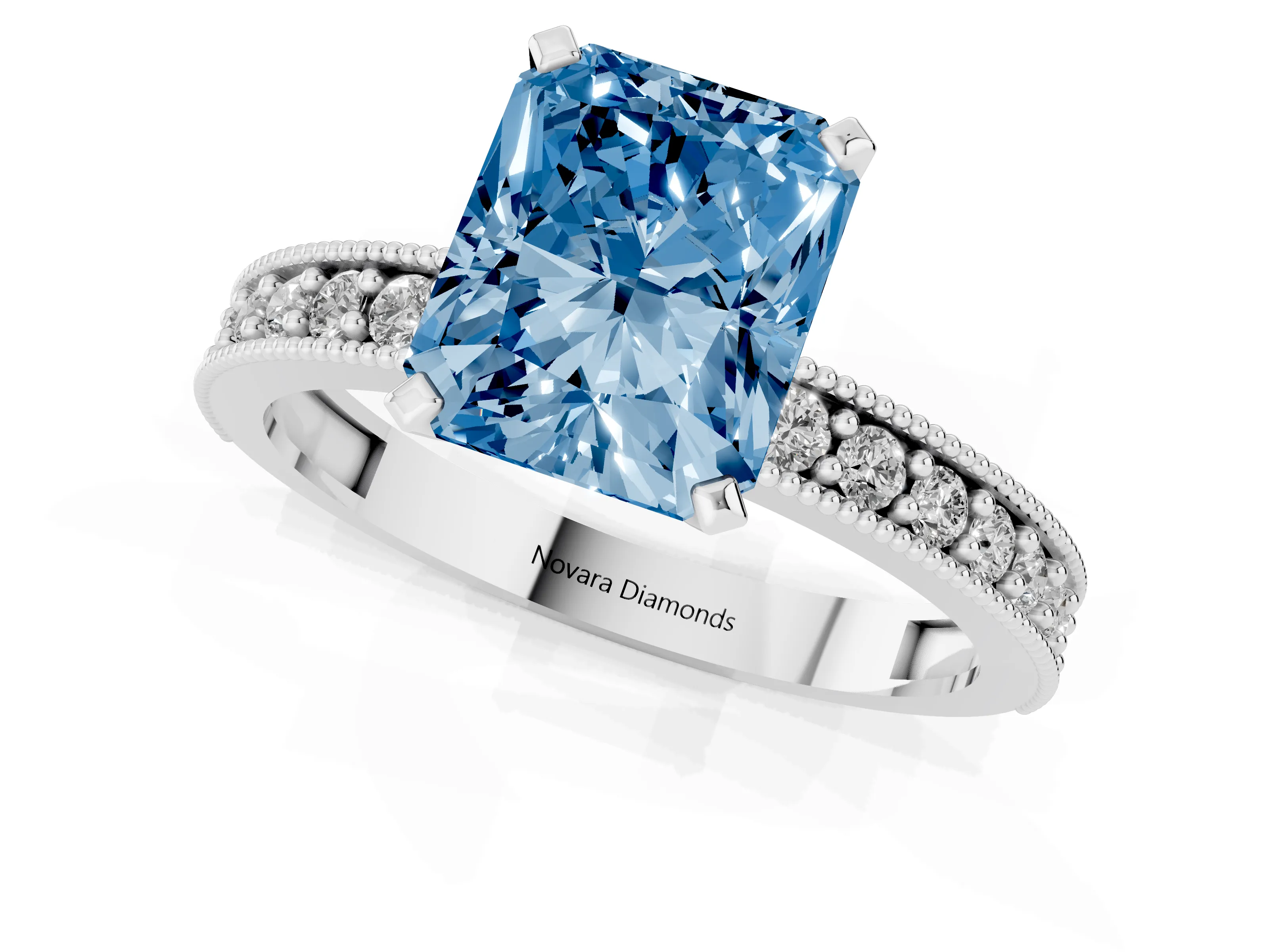 Fancy Blue Radiant Cut Diamond Milgrain Pavé Engagement Ring Set in White gold with Prong Setting
