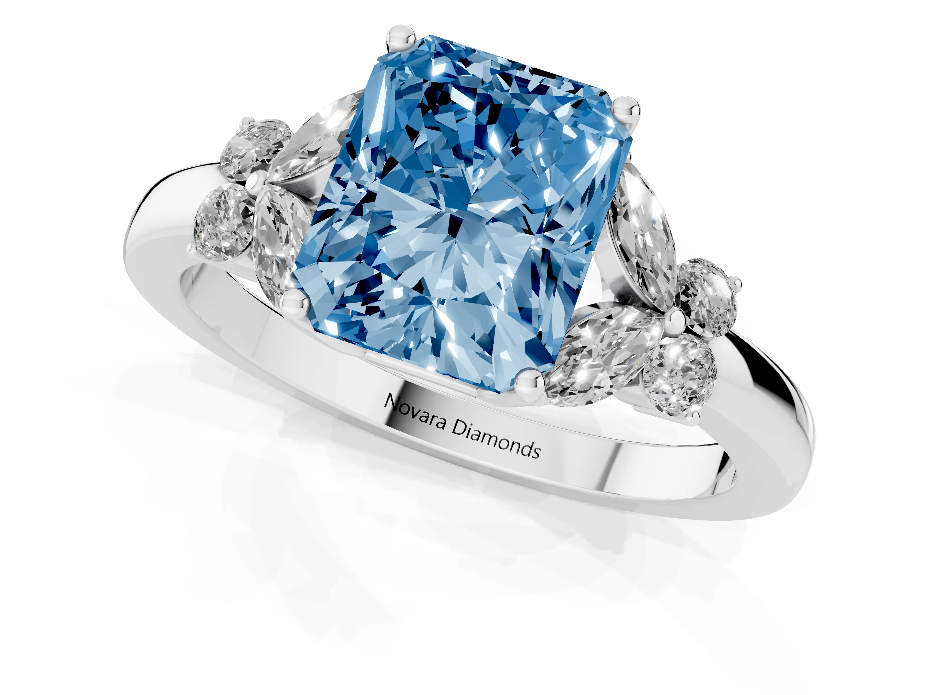 Fancy Blue Radiant Cut Diamond Solitaire Floral Ring Set in White gold with Marquise Petals and Prong Setting