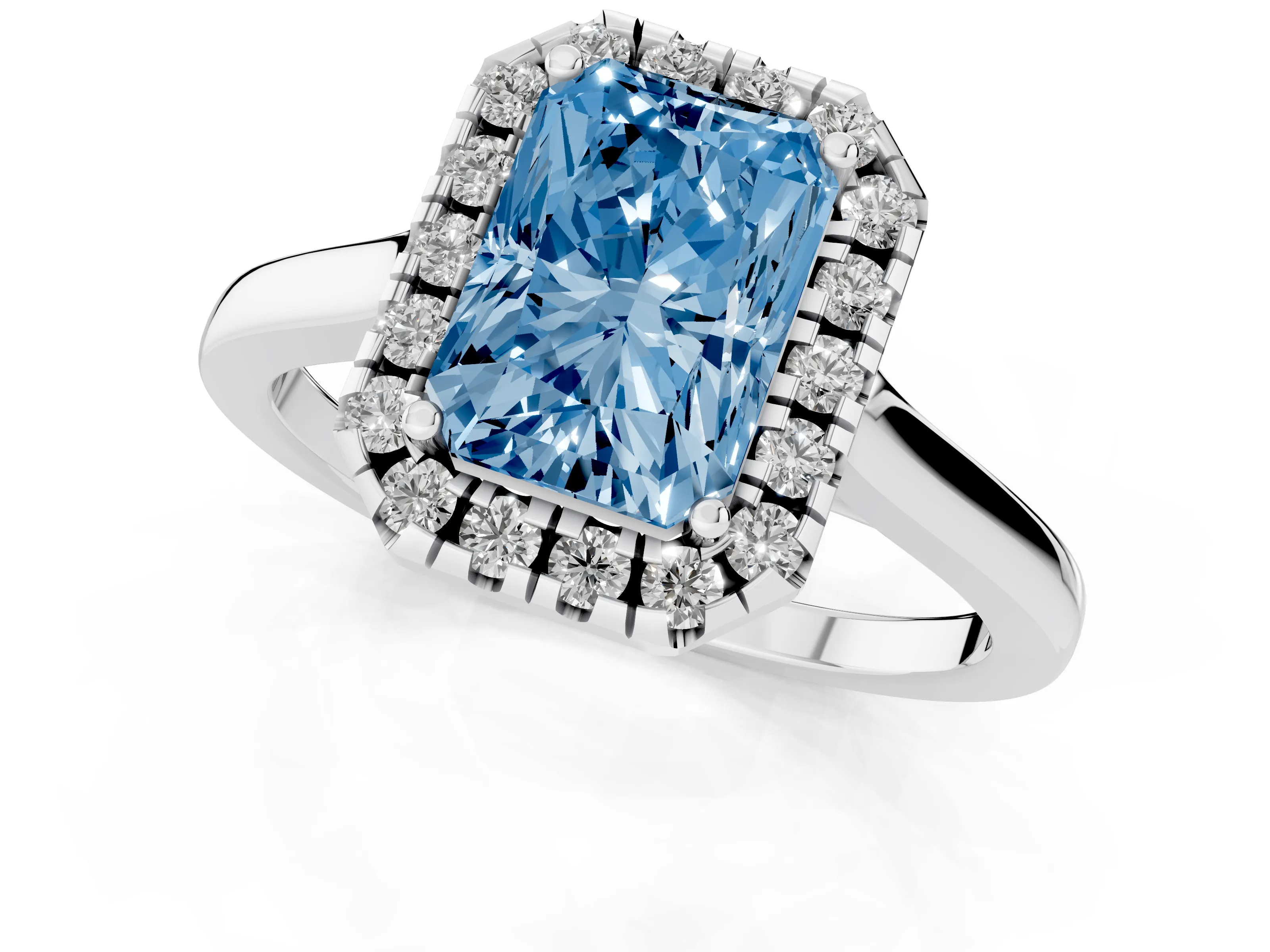 Fancy Blue Radiant Cut Halo Round Diamond Solitaire Ring Set in Silver with Pavé Band and Prong Setting