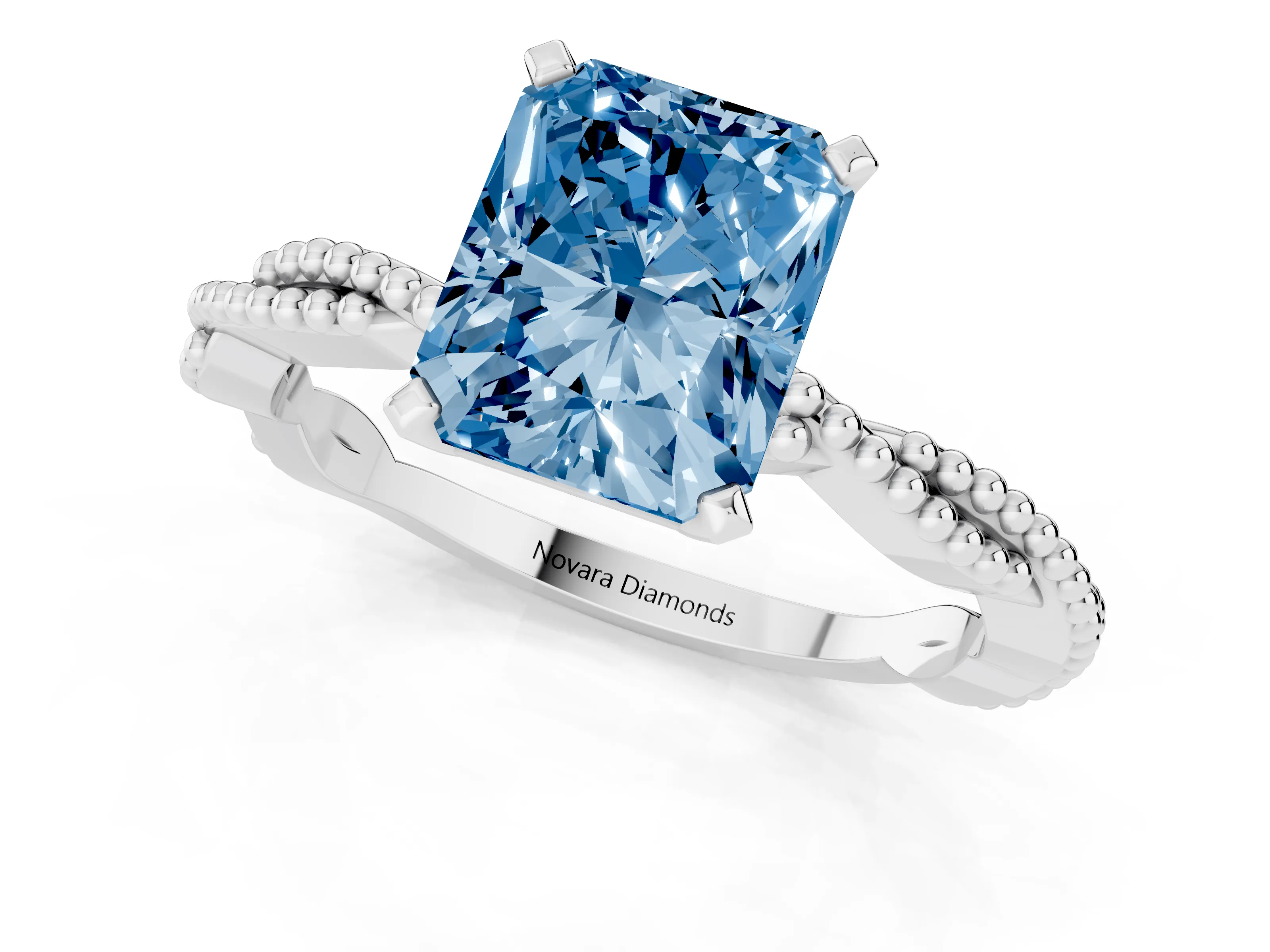 Fancy Blue Radiant Cut Diamond Solitaire Ring Set in Silver with Twisted Band and Bead Prong Setting