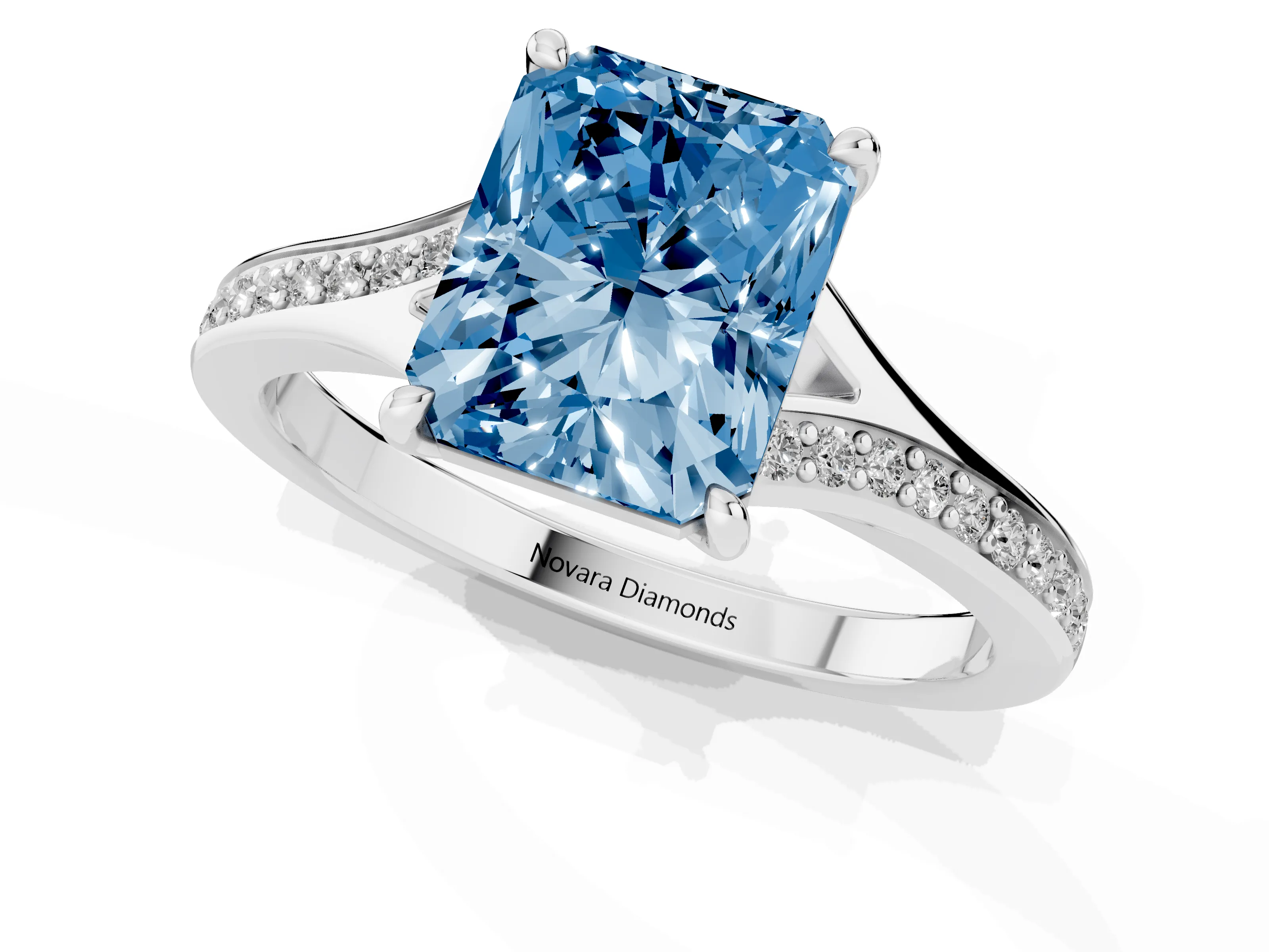 Fancy Blue Radiant Cut Diamond Solitaire Ring Set in Platinum with Pavé Accent Band and Classic Prong Setting
