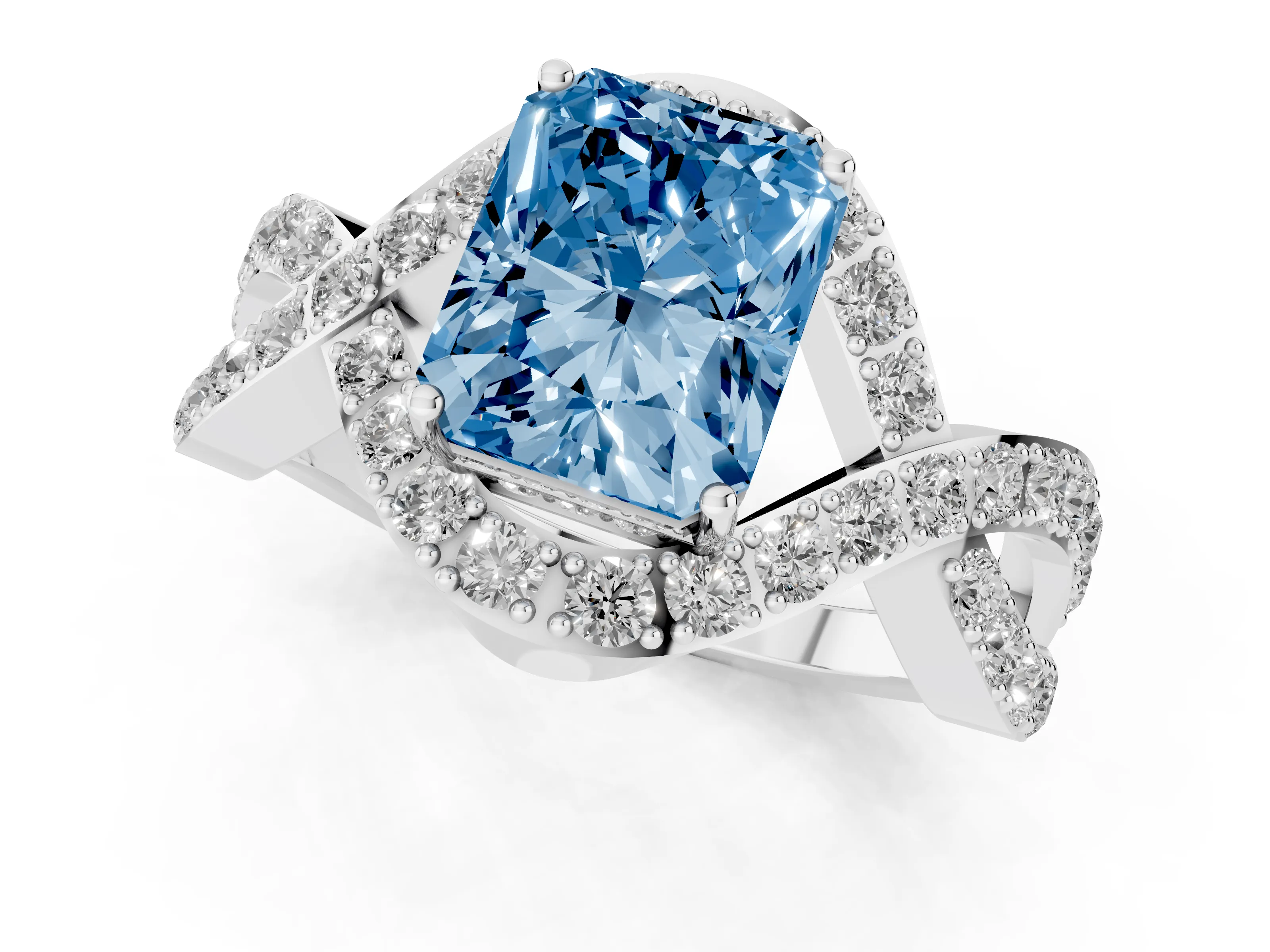 Fancy Blue Radiant Cut Diamond Solitaire Twist Band Pavé Engagement Ring Set in Platinum