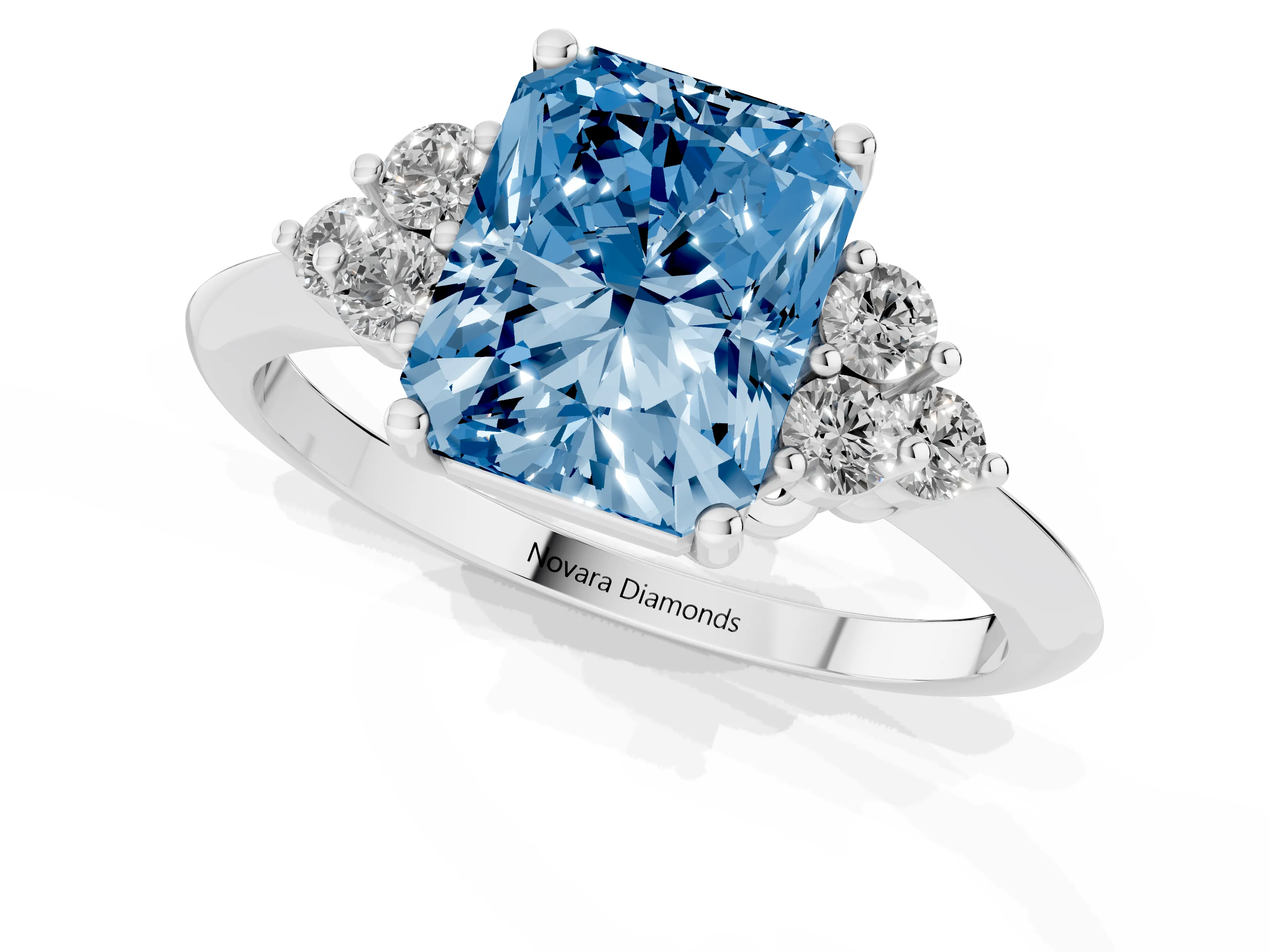 Fancy Blue Radiant Cut Diamond Cluster Ring Set in White gold with Plain Band and Prong Setting