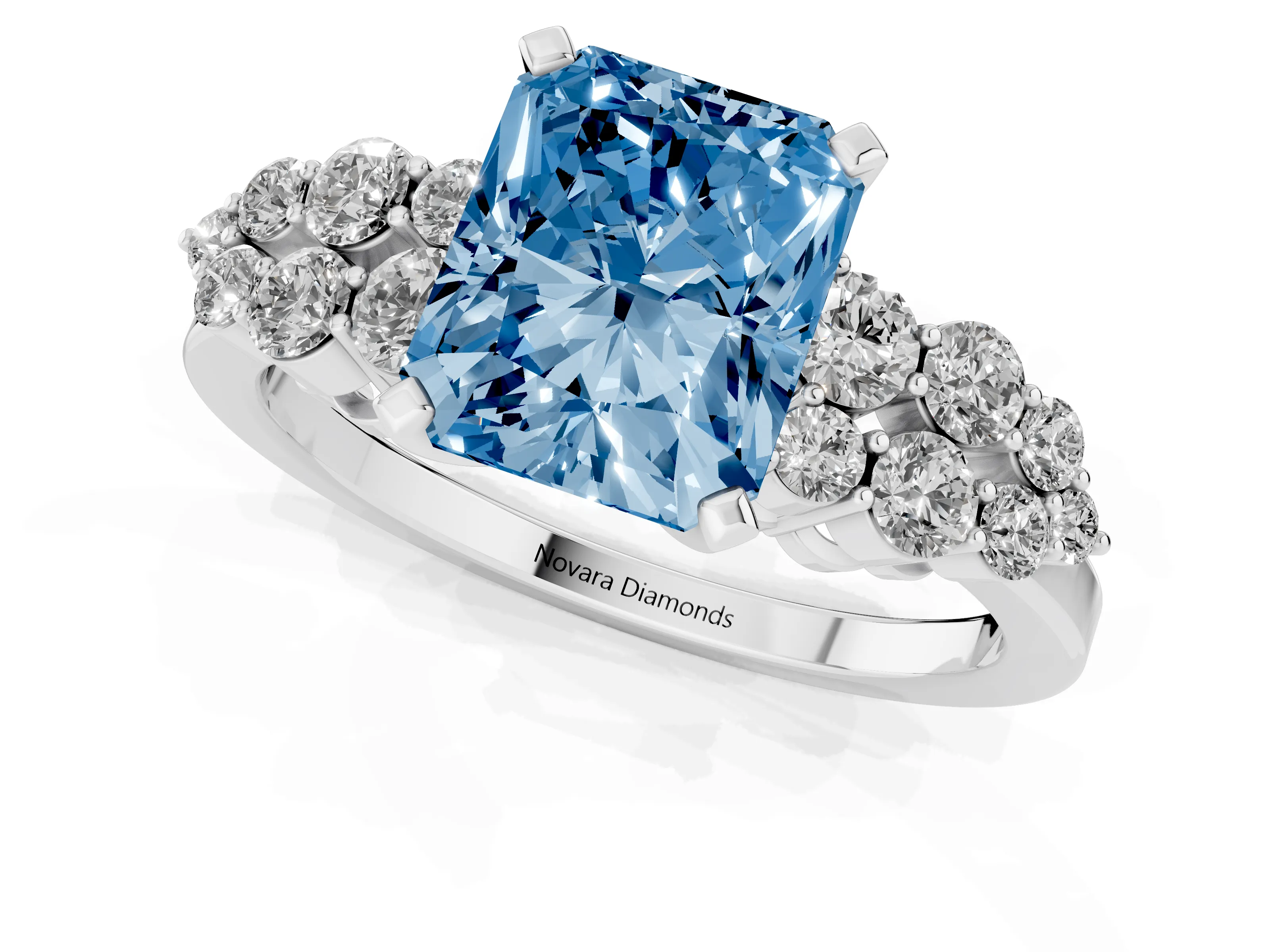 Fancy Blue Radiant Cut Diamond Cluster Engagement Ring Set in Silver with Pavé Band and Prong Setting
