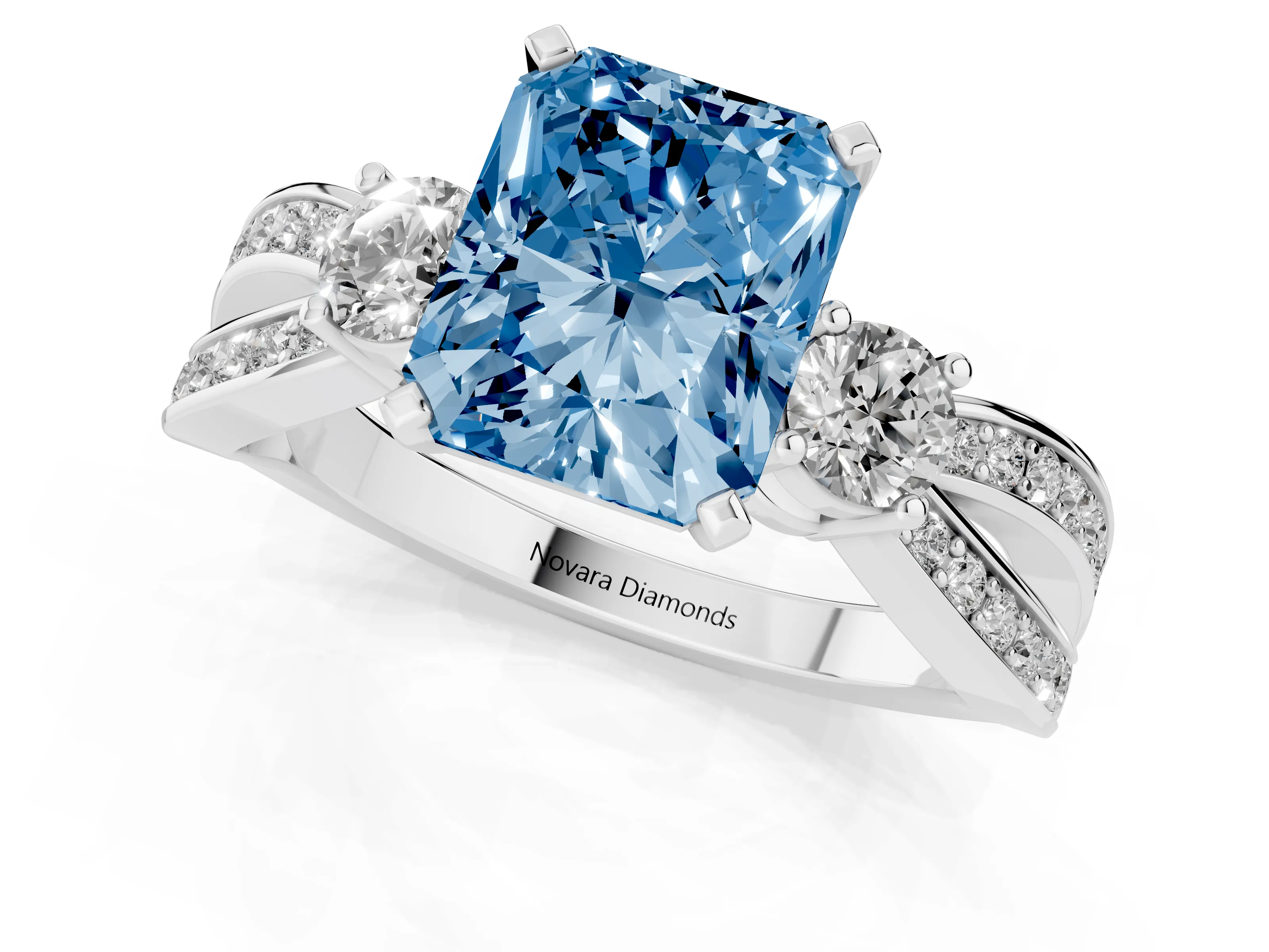 Fancy Blue Three-Stone Radiant Cut Diamond Twist Band Ring Set in Platinum with Pavé Accents and Prong Setting