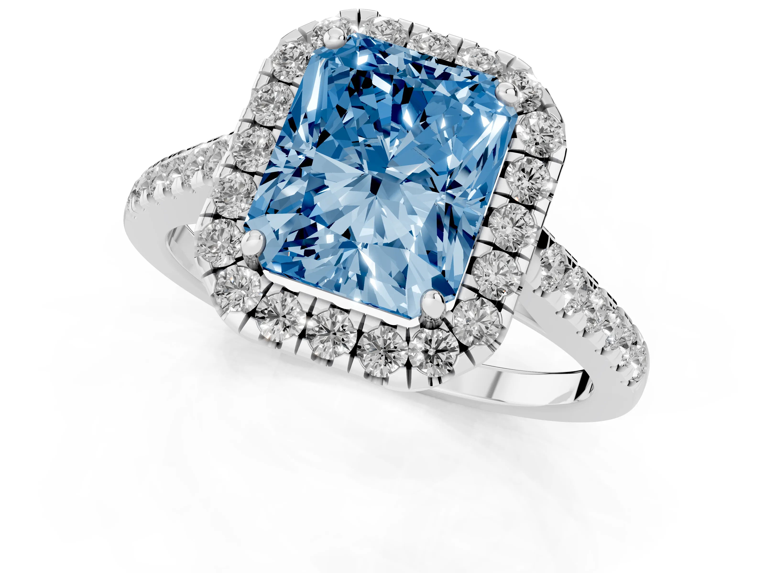 Fancy Blue Radiant Cut Diamond Halo Pavé Engagement Ring Set in Platinum with Prong Setting