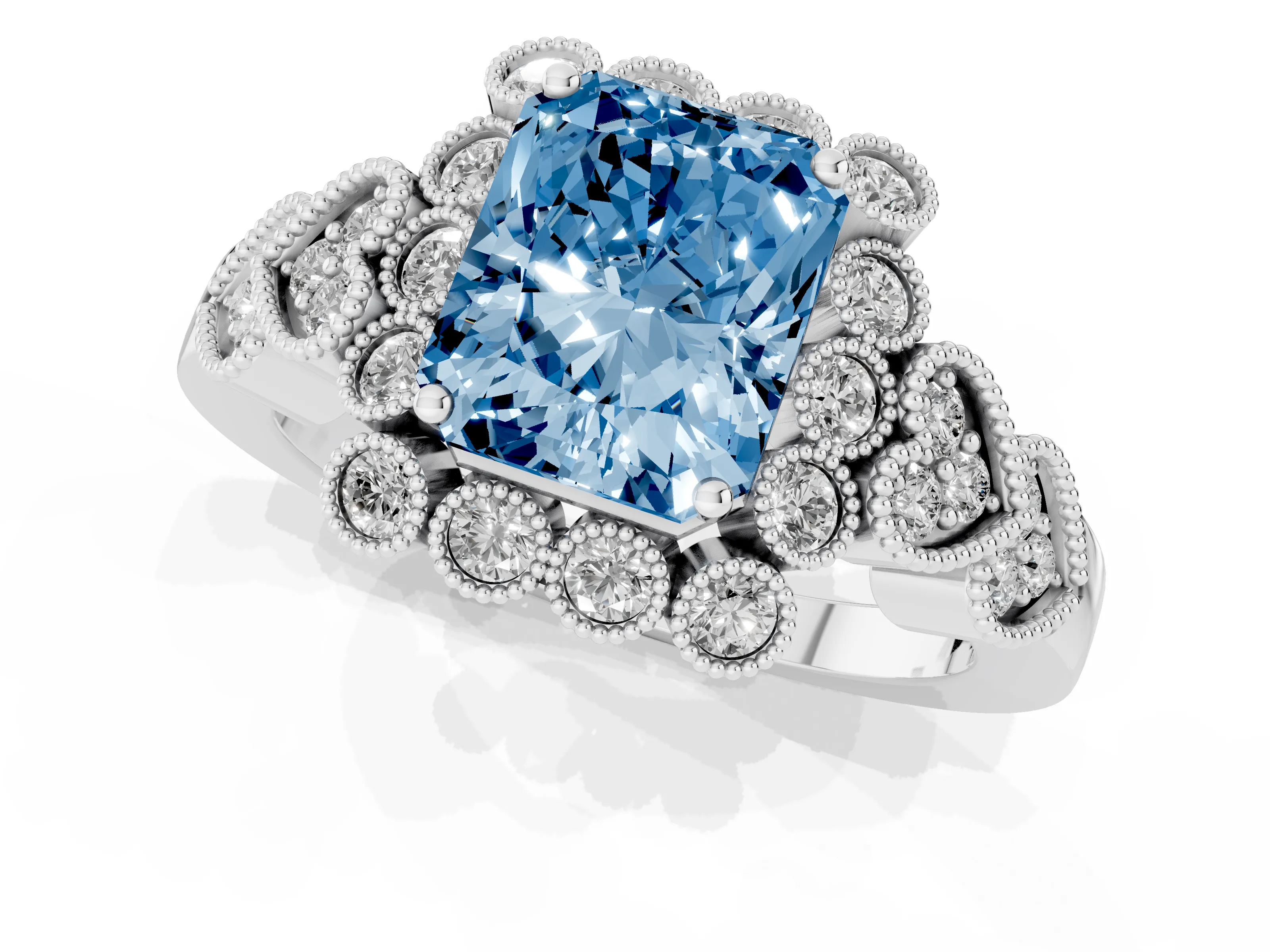 Fancy Blue Radiant Cut Diamond Solitaire Ring Set in Platinum with Milgrain Pavé Heart Band