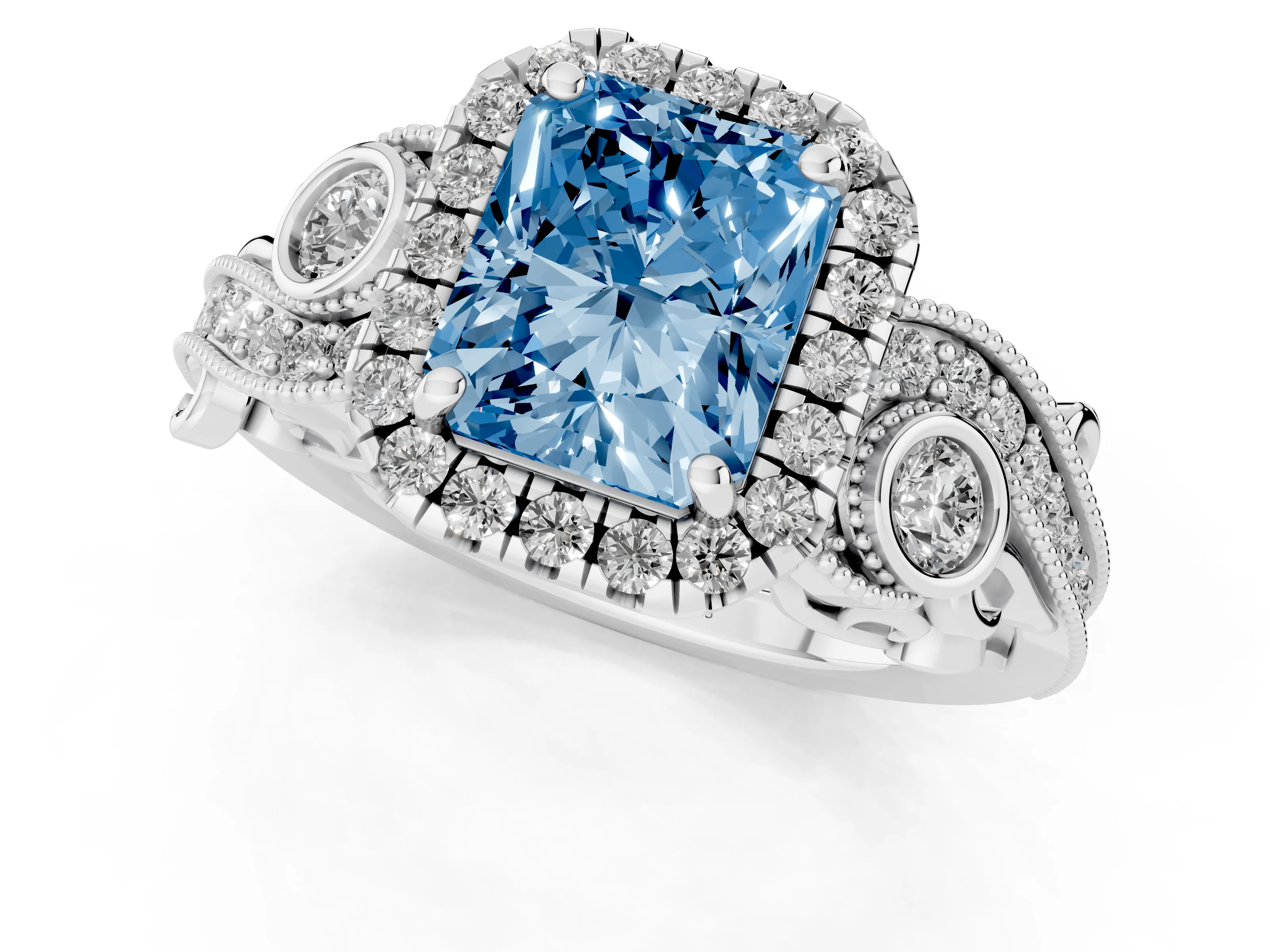 Fancy Blue Radiant Cut Diamond Halo Ring Set in Platinum with Milgrain Pavé Band and Prong Setting