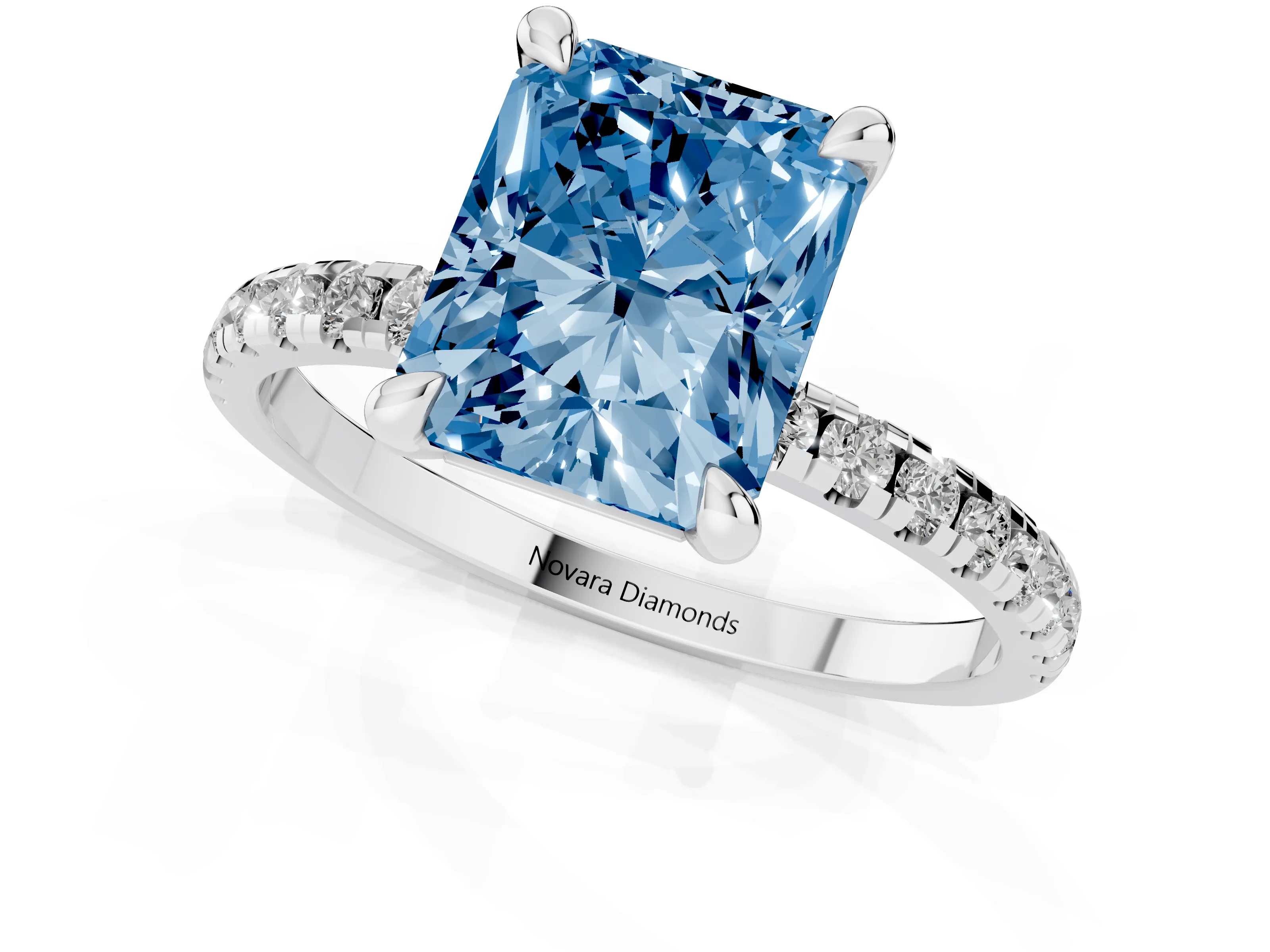 Fancy Blue Radiant Cut Diamond Brilliant Solitaire Ring Set in Platinum with Pavé Band and Prong Setting