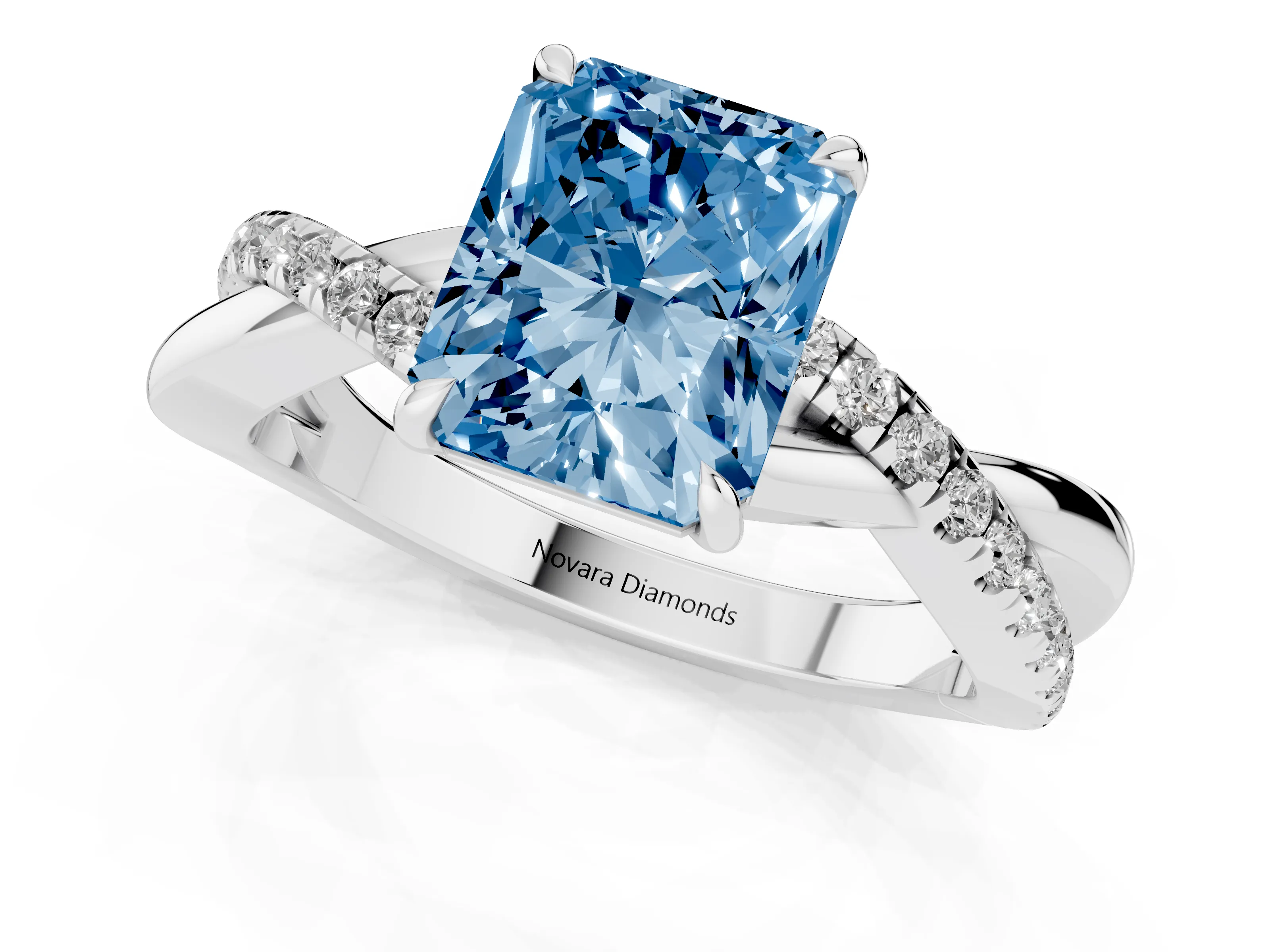 Fancy Blue Radiant Cut Diamond Twisted Pavé Band Ring Set in Silver with Prong Setting