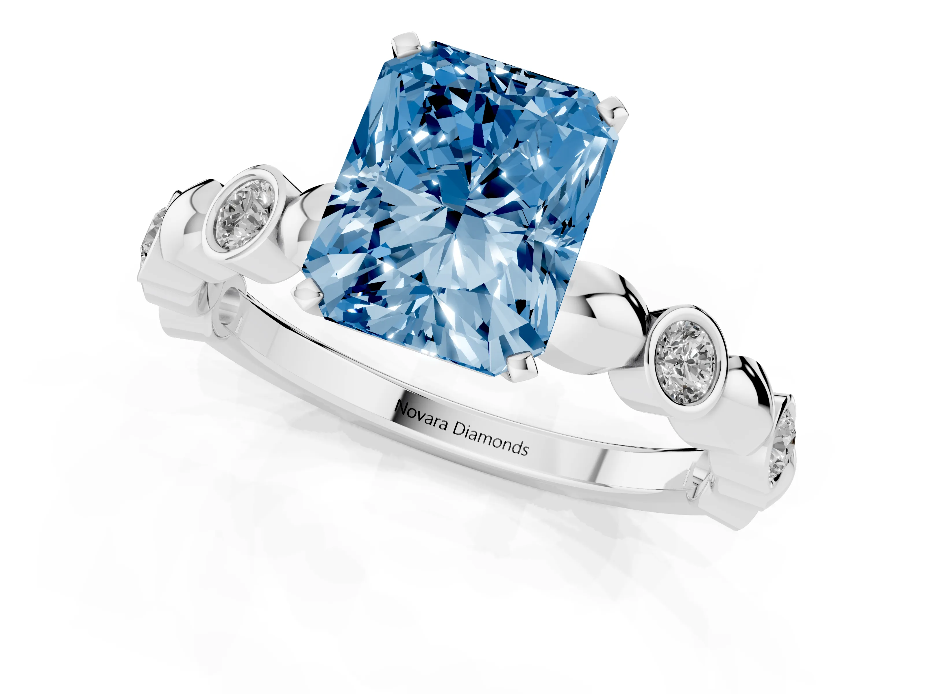 Fancy Blue Radiant Cut Diamond Solitaire Ring Set in White gold with Bezel-Set Accents on Beaded Band and Prong Setting