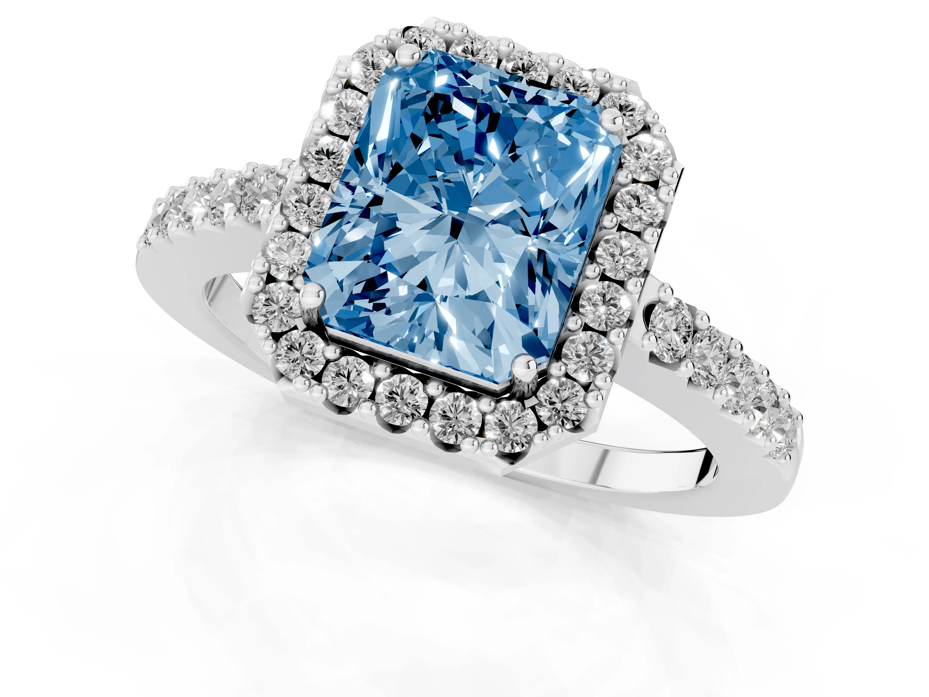 Fancy Blue Radiant Cut Diamond Halo Pavé Solitaire Ring Set in Platinum with Prong-Set Center Stone