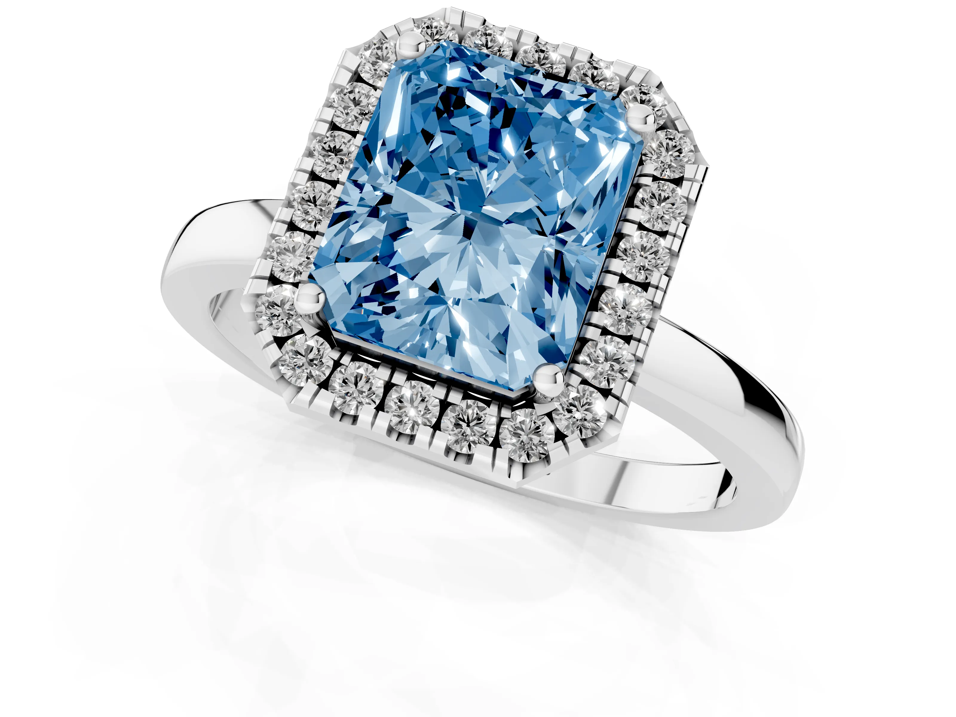 Fancy Blue Radiant Cut Diamond Halo Solitaire Ring Set in Silver with Pavé Band and Prong Setting