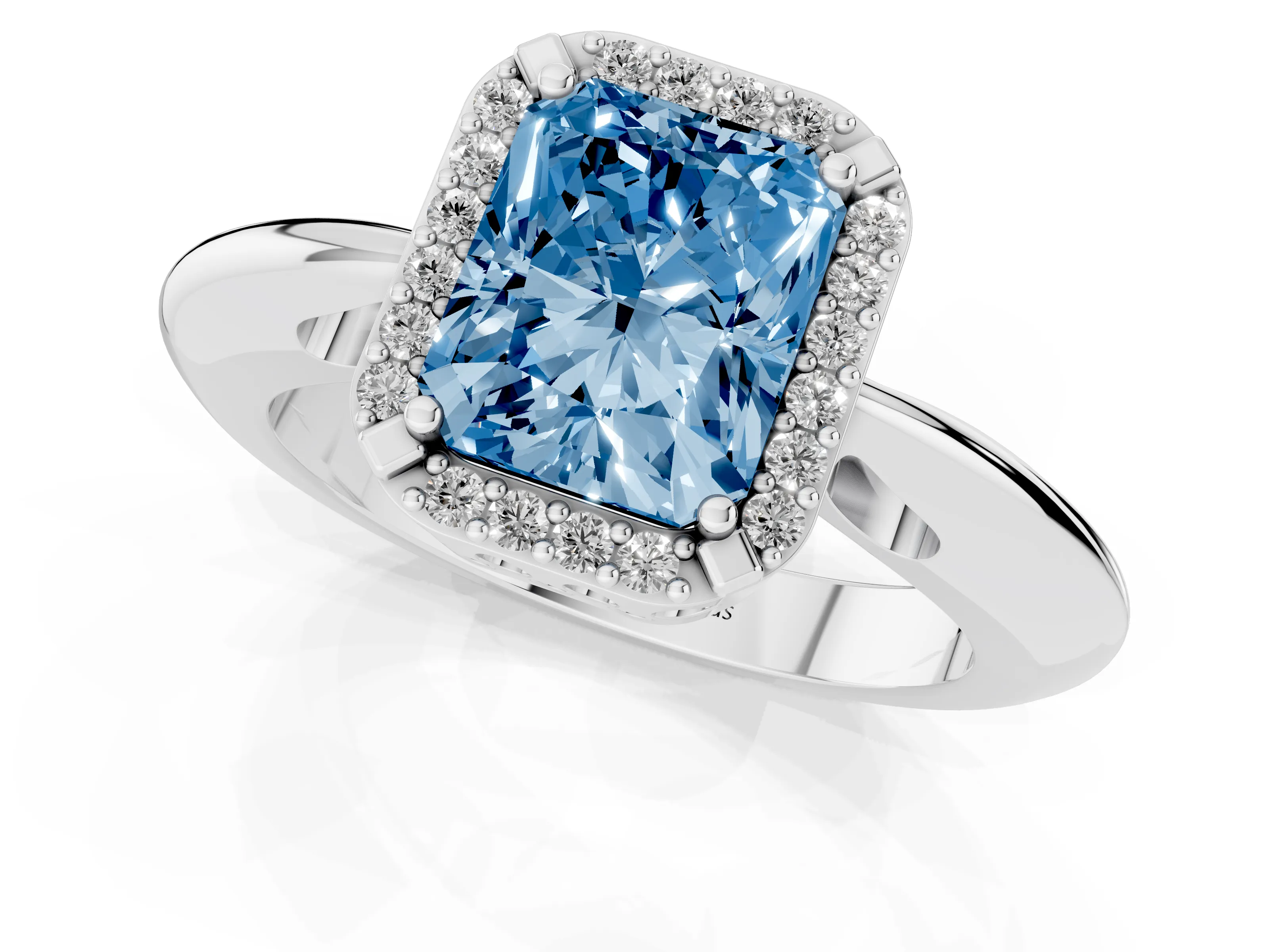 Fancy Blue Radiant Cut Diamond Halo Engagement Ring Set in Platinum with Plain Split Shank and Prong Setting