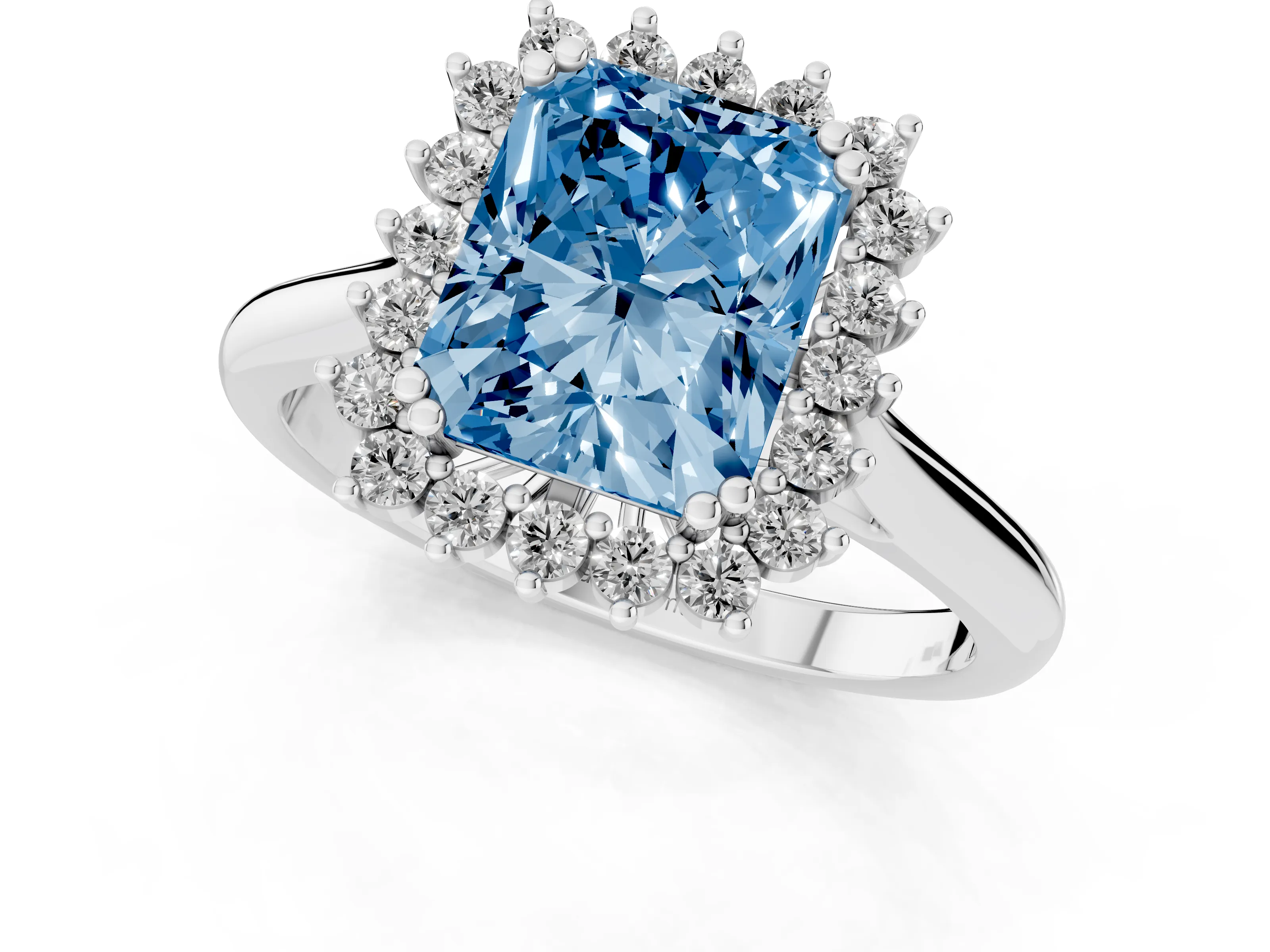 Fancy Blue Radiant Cut Diamond Halo Ring Set in White gold with Plain Solitaire Band and Prong Setting