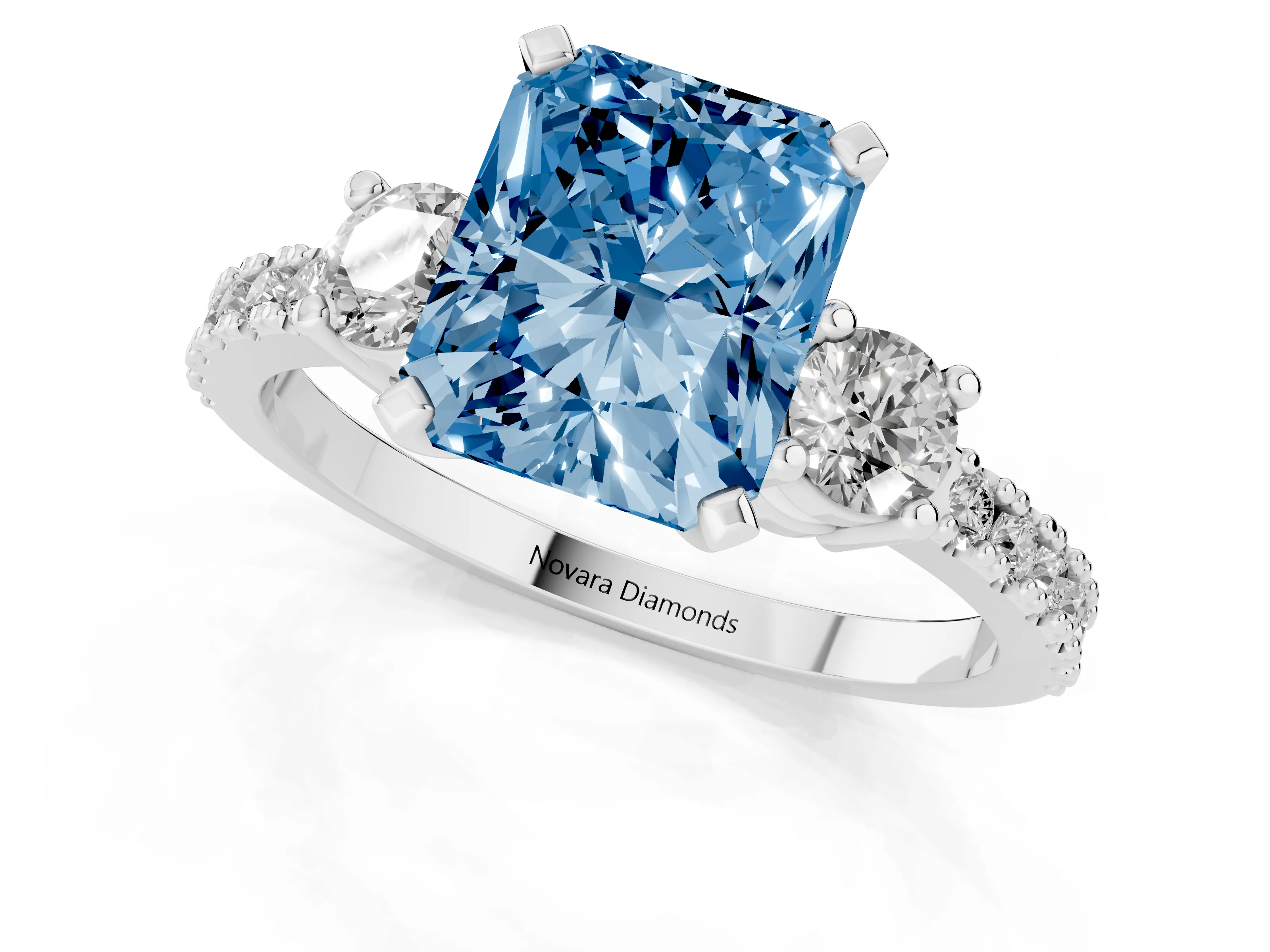 Fancy Blue Three-Stone Radiant Cut Diamond Pavé Band Ring Set in Silver with Prong Setting