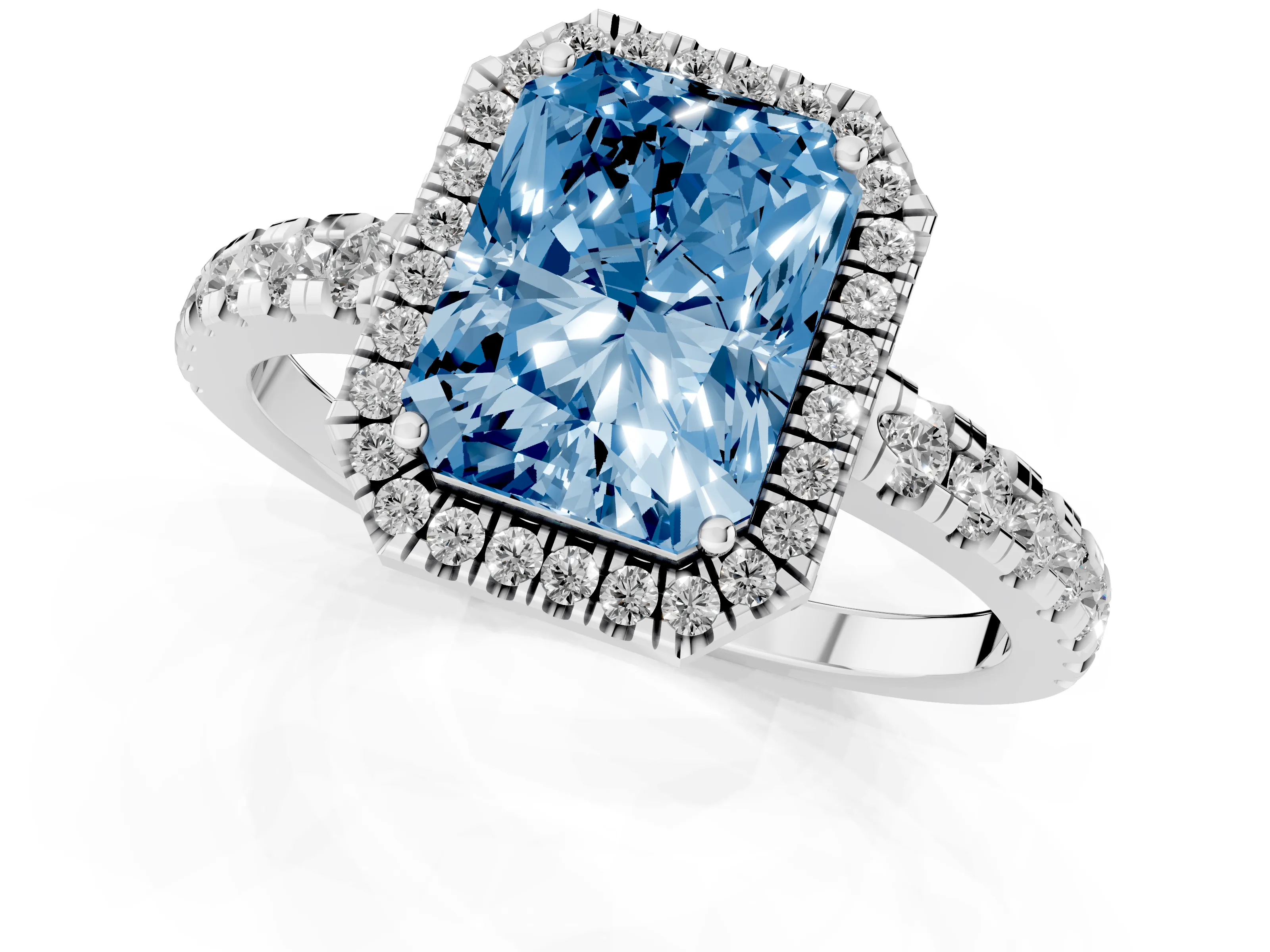 Fancy Blue Radiant Cut Diamond Halo Ring Set in Silver with Delicate Pavé Band and Prong Setting