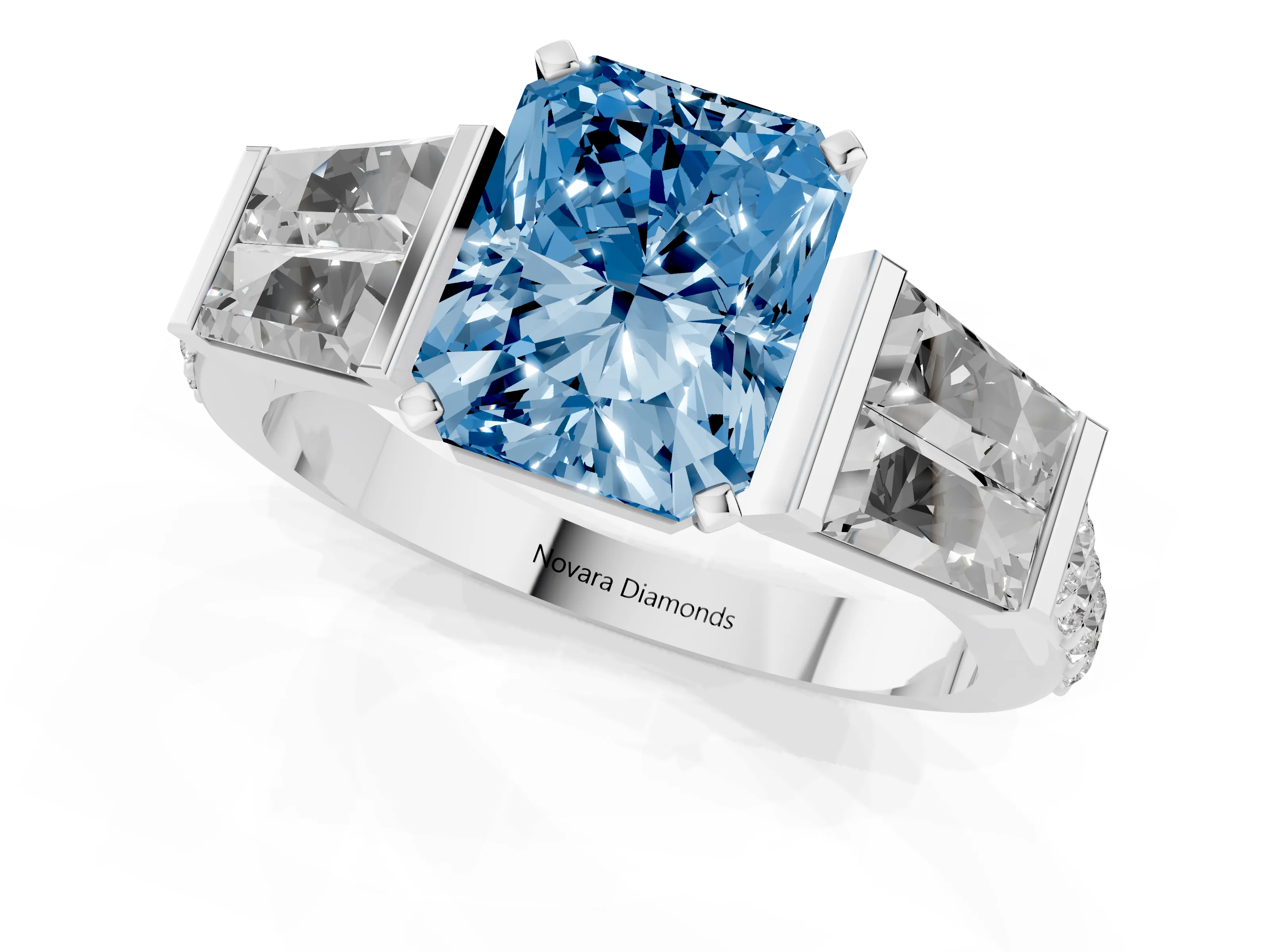 Fancy Blue Radiant Cut Diamond Engagement Ring Set in Silver with Baguette Side Stones and Channel Set Band