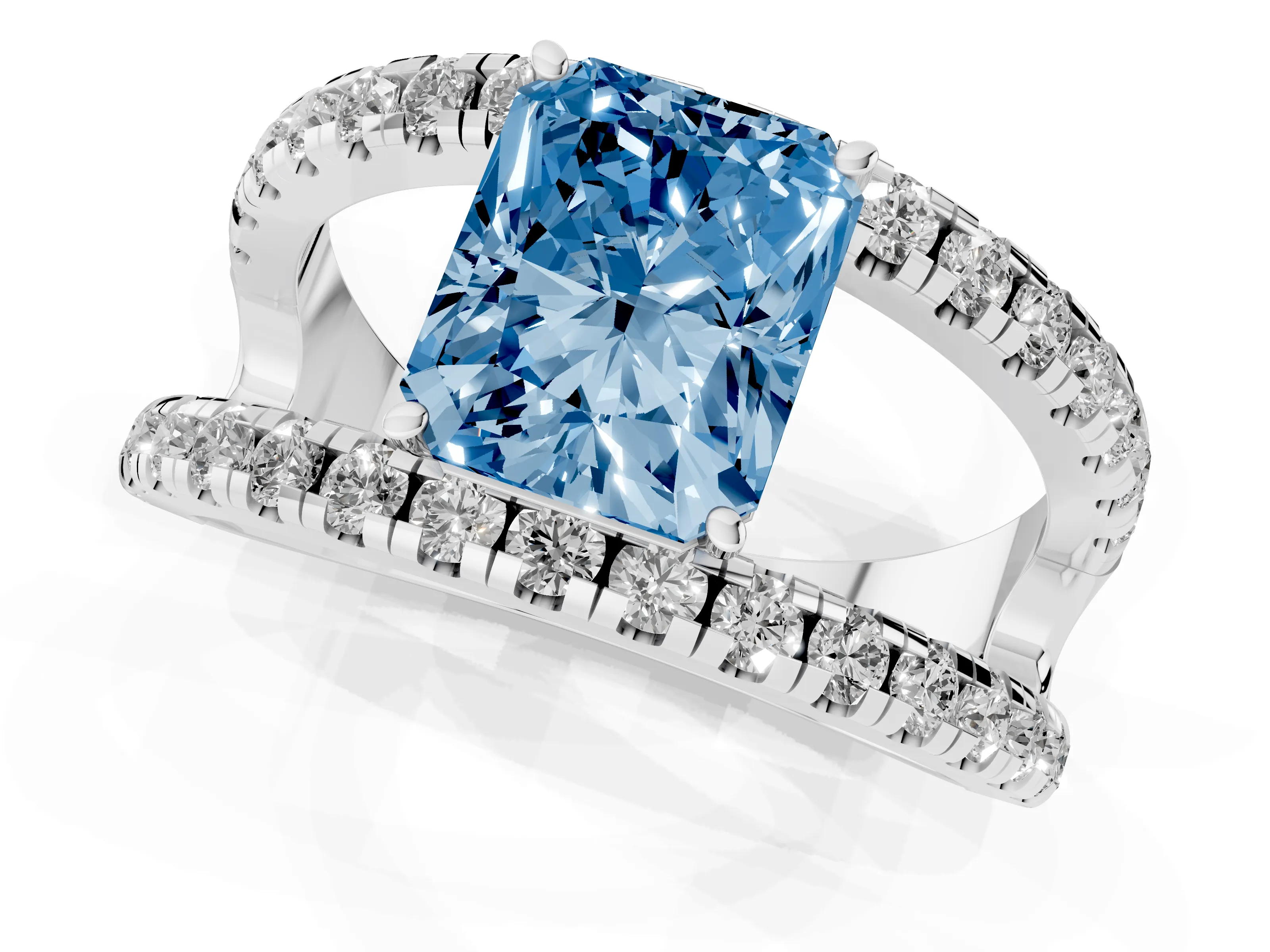 Fancy Blue Radiant Cut Diamond Split Shank Pavé Solitaire Ring Set in White gold with Open Shank Design