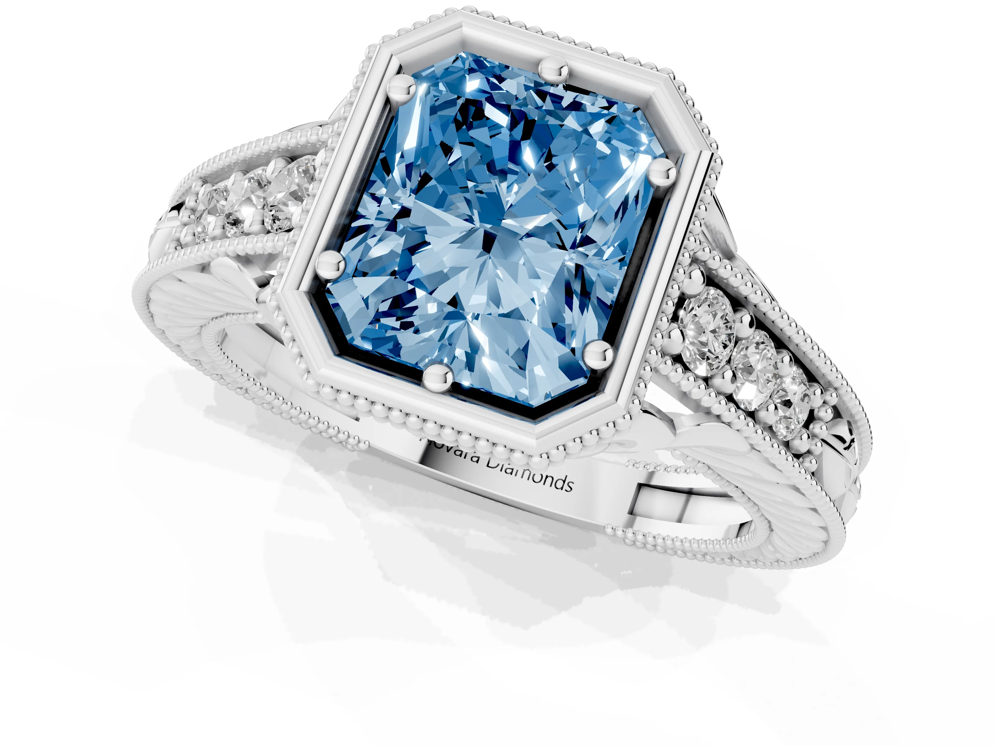 Fancy Blue Bezel Set Radiant Cut Diamond Milgrain Pavé Engagement Ring Set in Platinum
