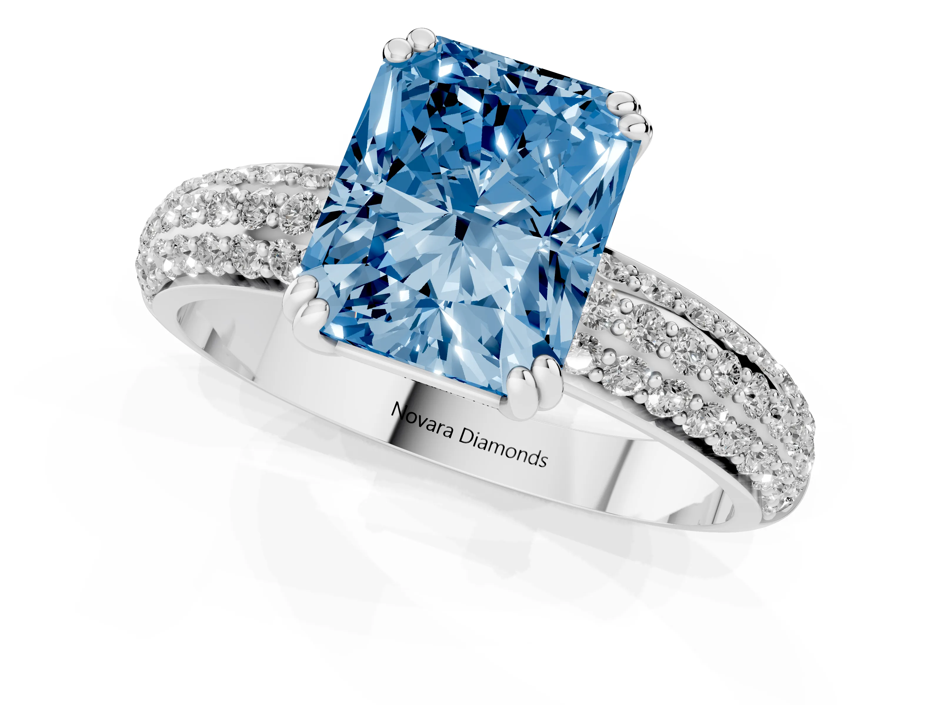 Fancy Blue Radiant Cut Diamond Solitaire Ring Set in Platinum with Multi-Row Round Pavé Band and Prong Setting