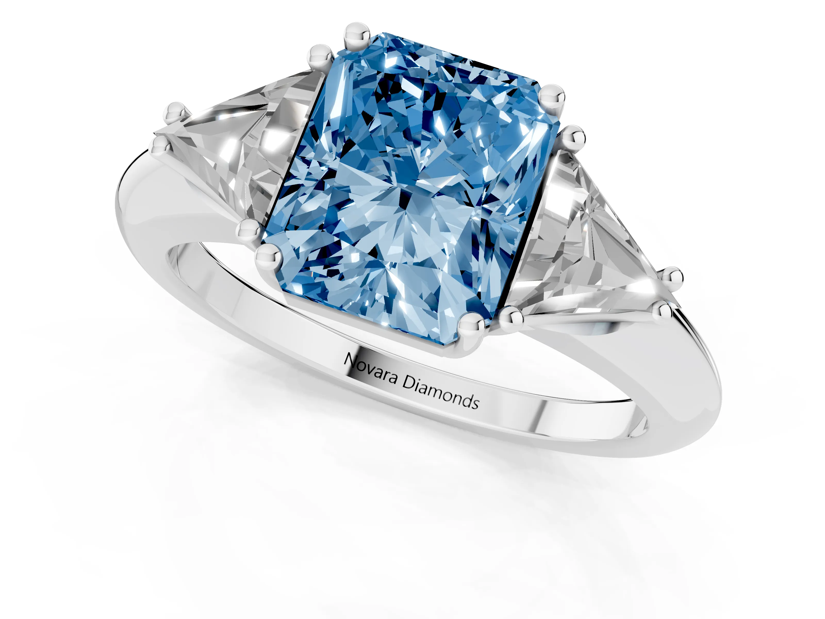Fancy Blue Radiant Cut Diamond Three-Stone Engagement Ring Set in Silver with Trillion Side Stones