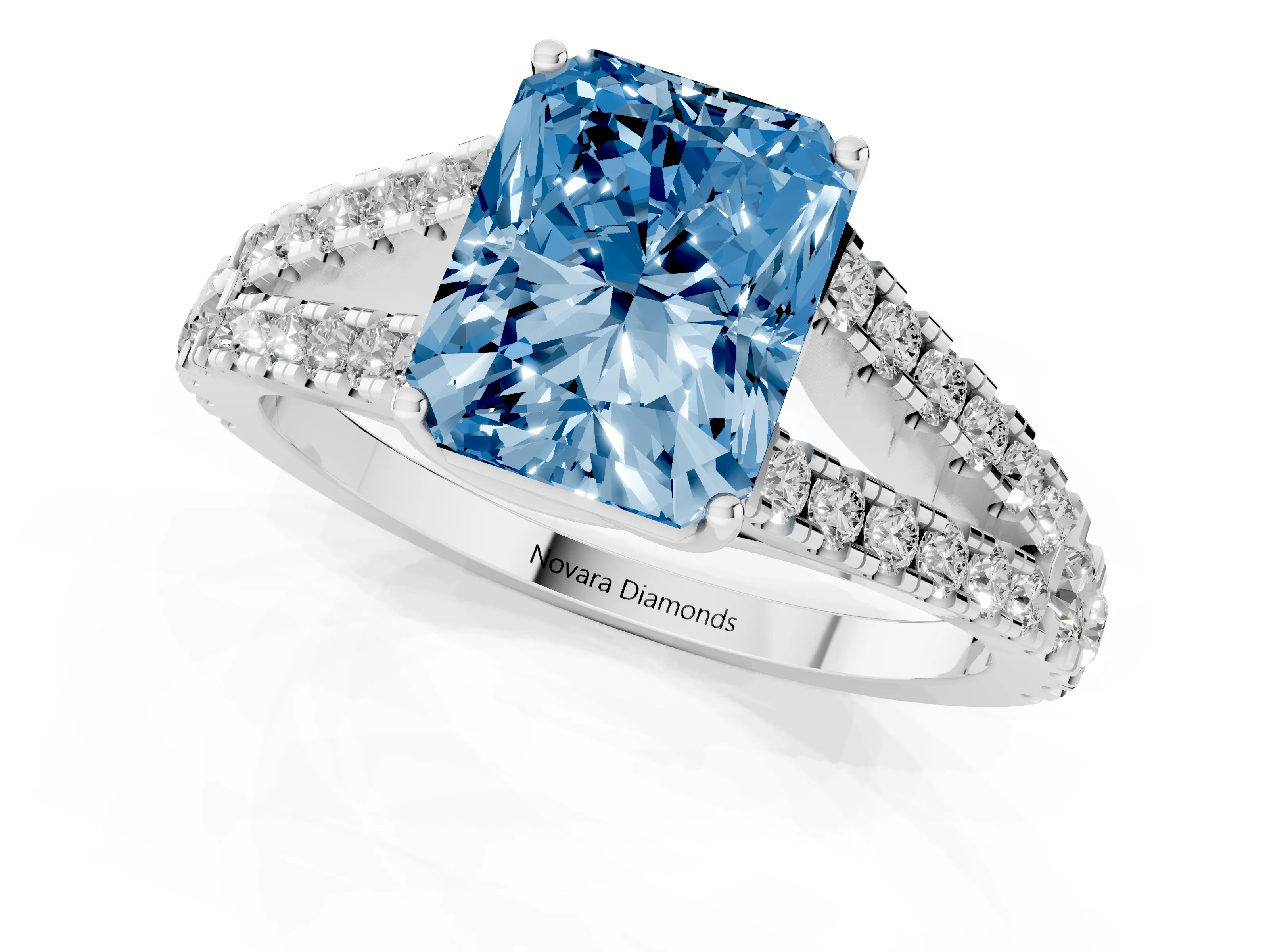 Fancy Blue Radiant Cut Diamond Split Shank Pavé Engagement Ring Set in Platinum with Prong-Held Center Stone
