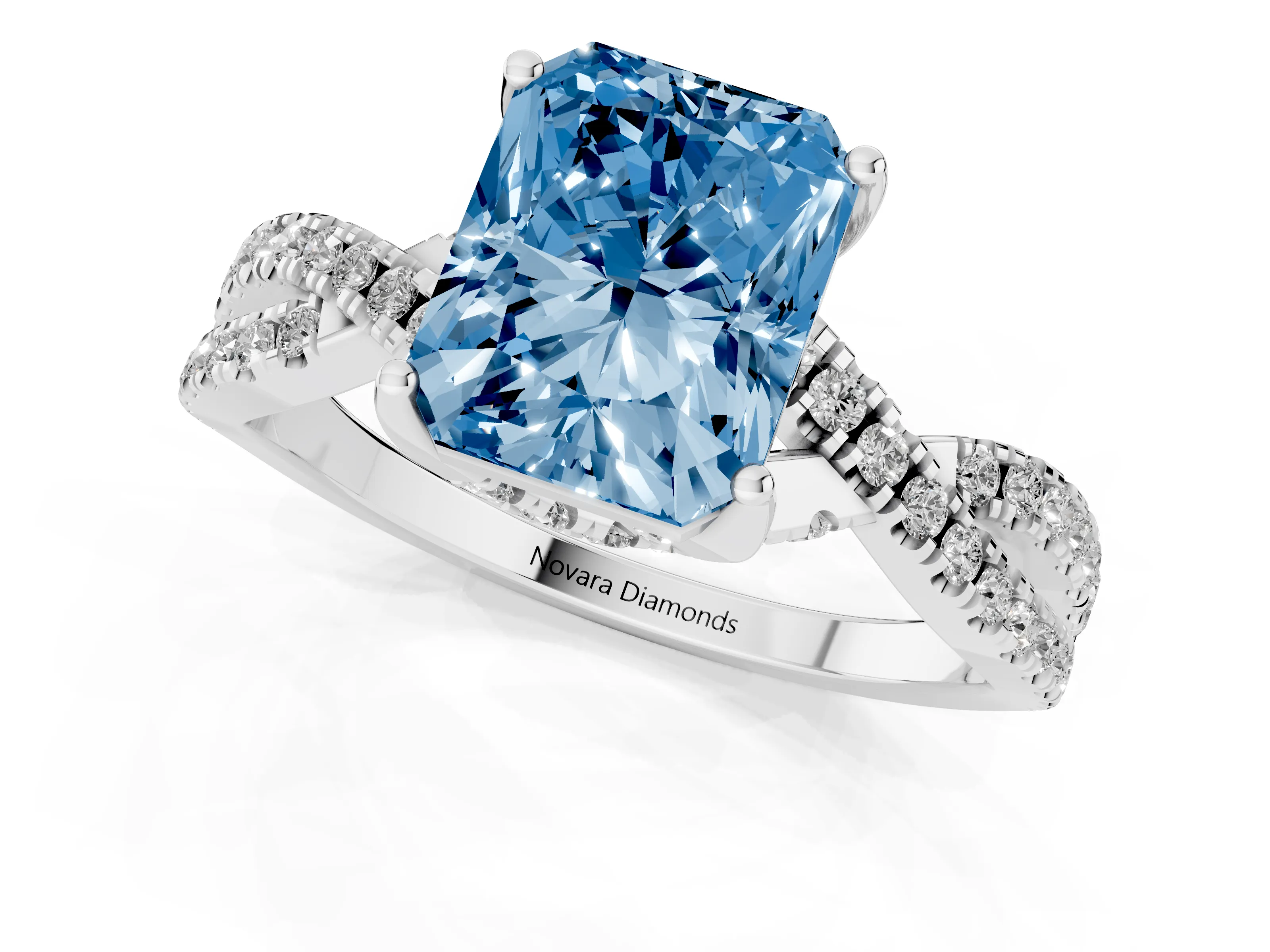 Fancy Blue Radiant Cut Diamond Twist Pavé Solitaire Engagement Ring Set in Silver with Prong Setting