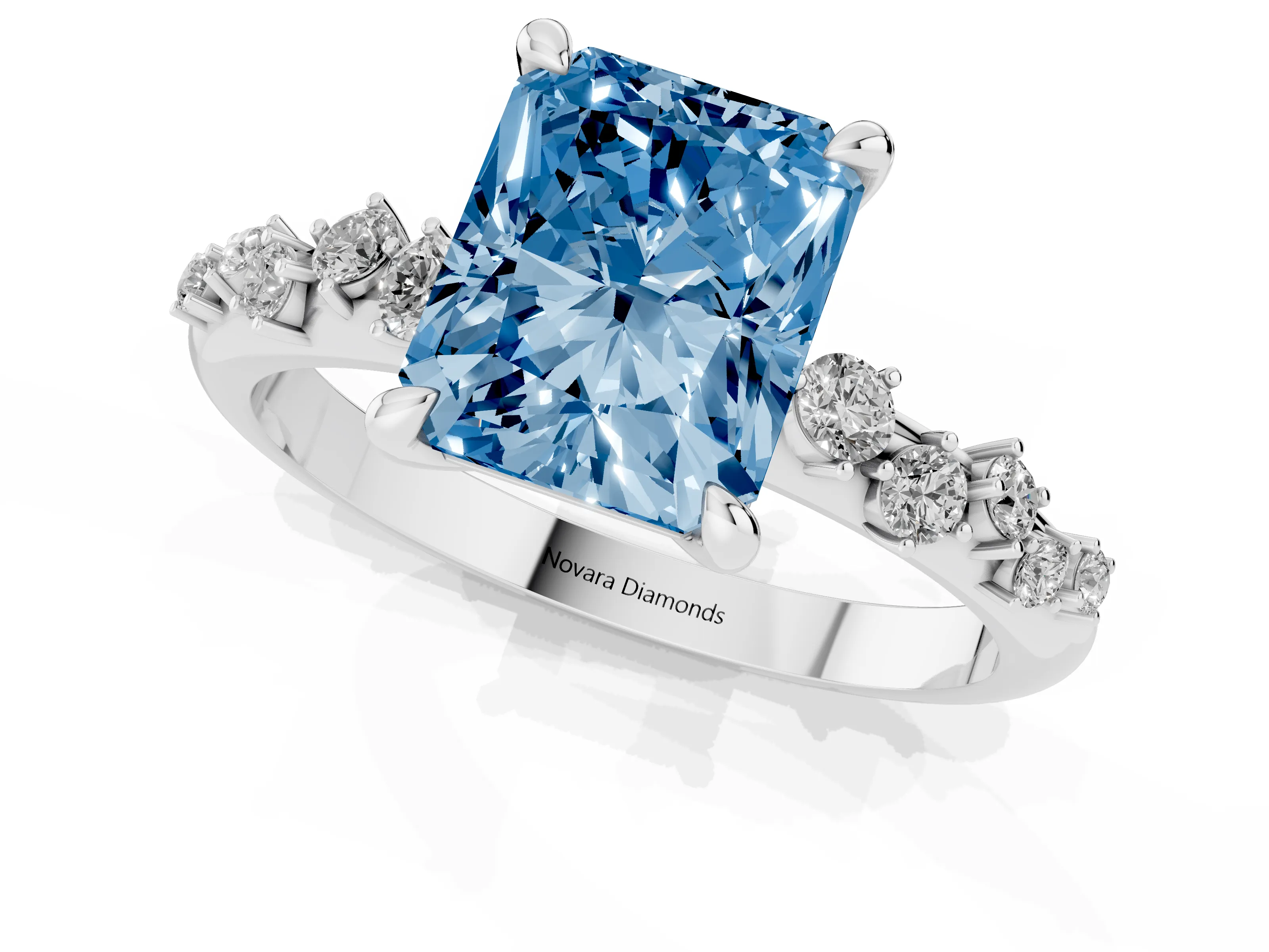 Fancy Blue Radiant Cut Diamond Solitaire Vine Band Ring Set in Silver with Round Accents and Prong Setting