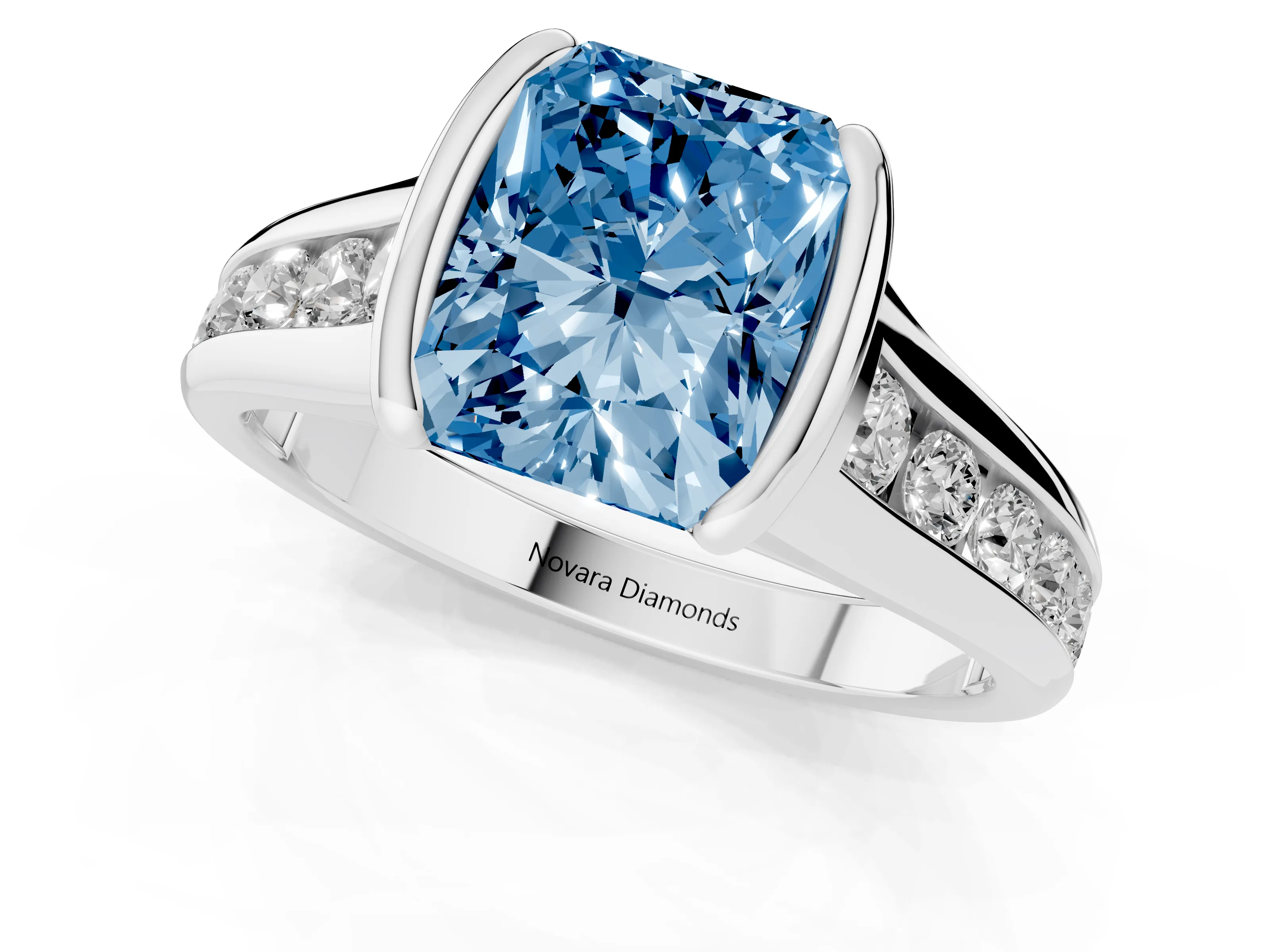 Fancy Blue Radiant Cut Diamond Bezel-Set Solitaire Ring Set in White gold with Channel-Set Band
