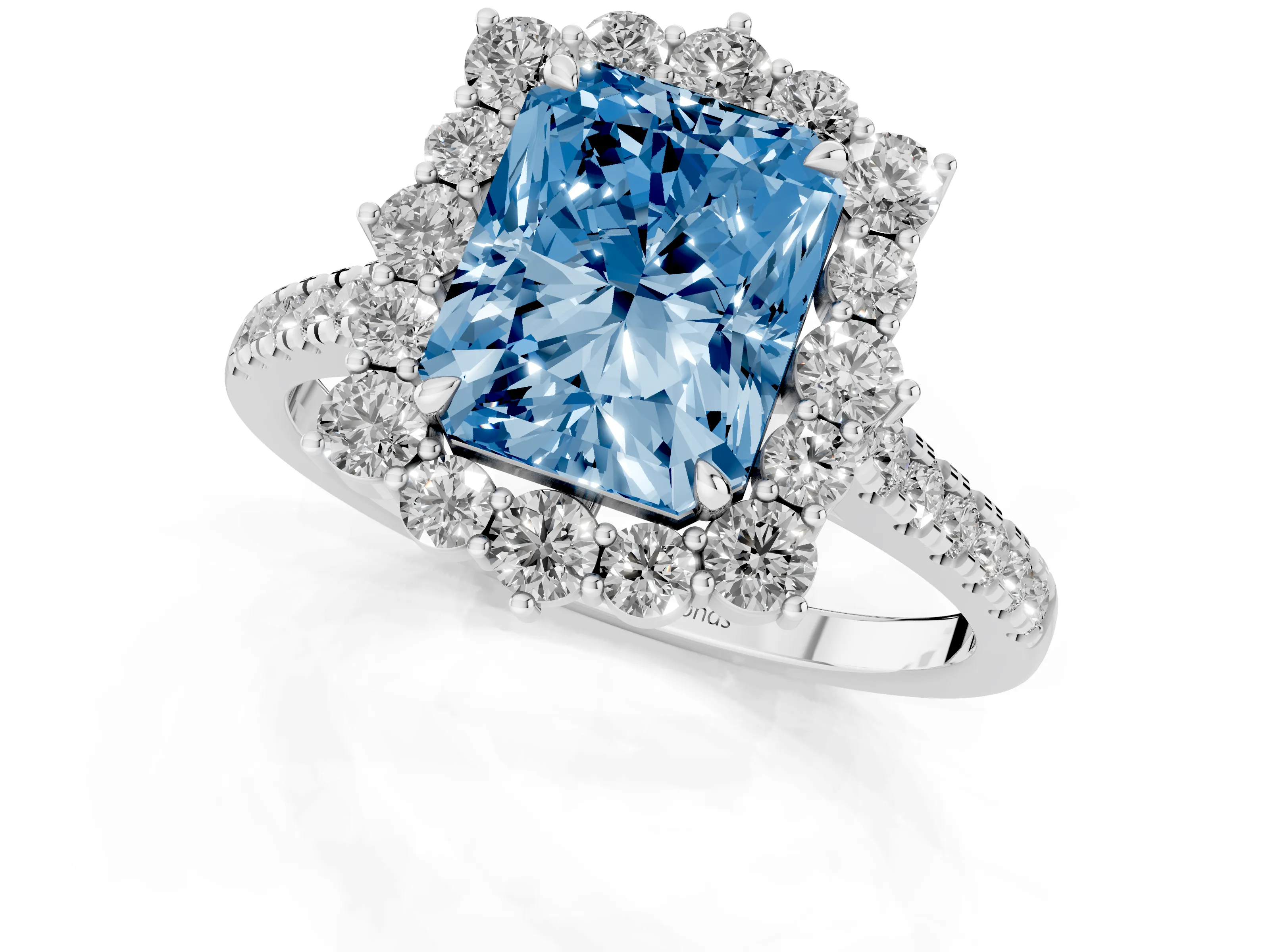 Fancy Blue Radiant Cut Diamond Halo Ring Set in Platinum with Pavé Band and Prong Setting