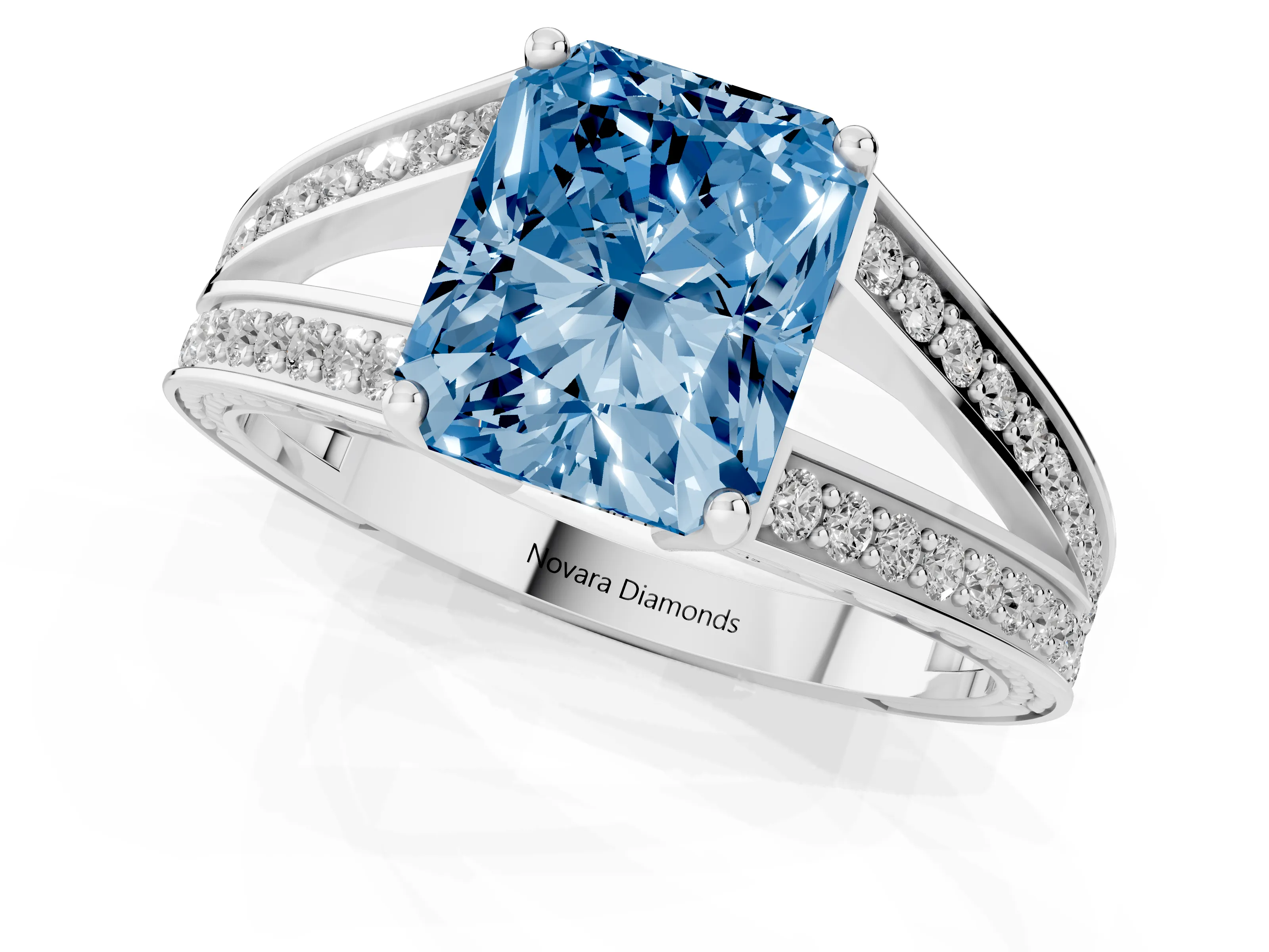 Fancy Blue Radiant Cut Diamond Split Shank Ring Set in Silver with Pavé Band and Prong Setting