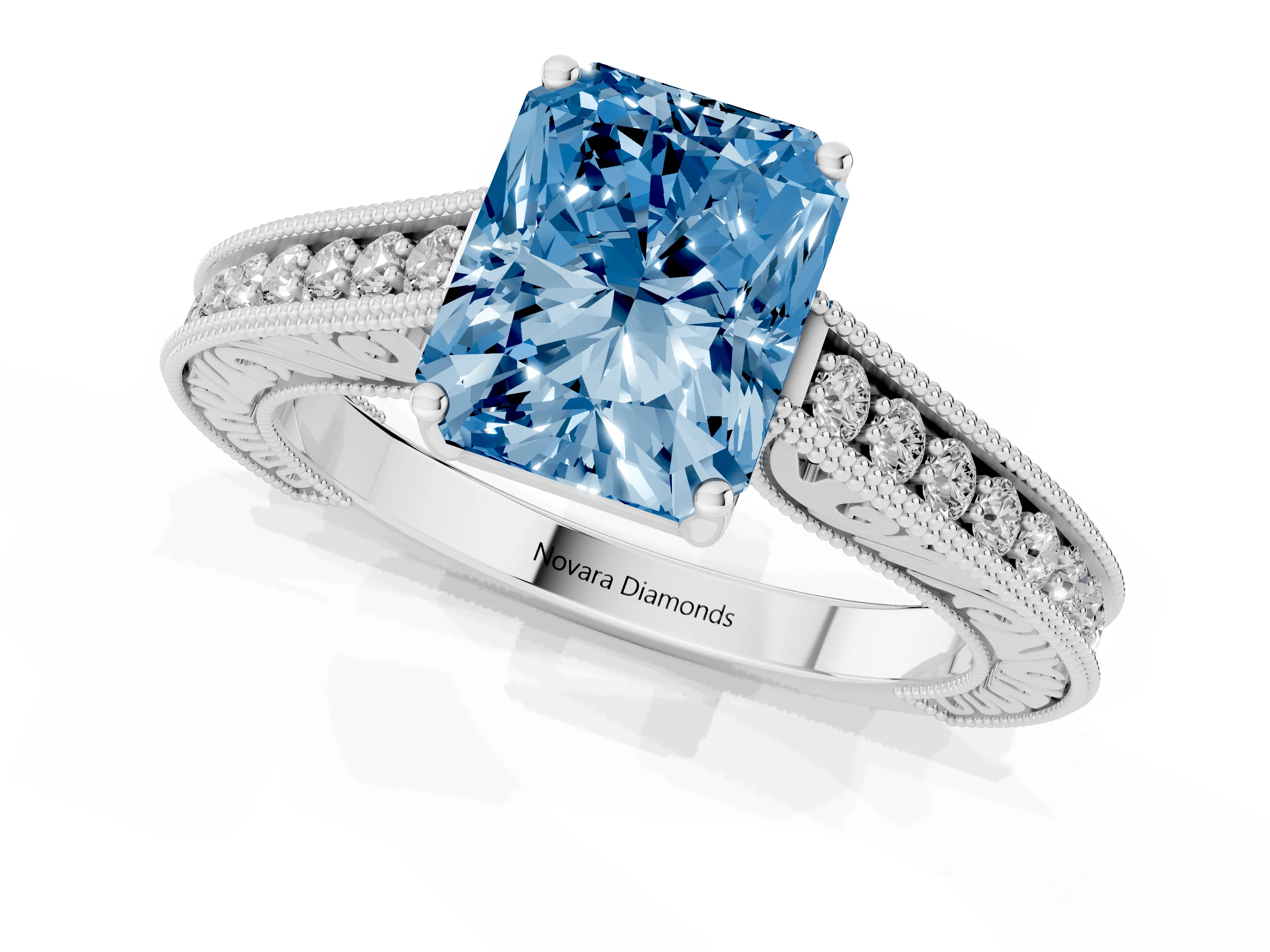 Fancy Blue Radiant Cut Diamond Milgrain Pavé Band Solitaire Ring Set in Silver with Prong Setting