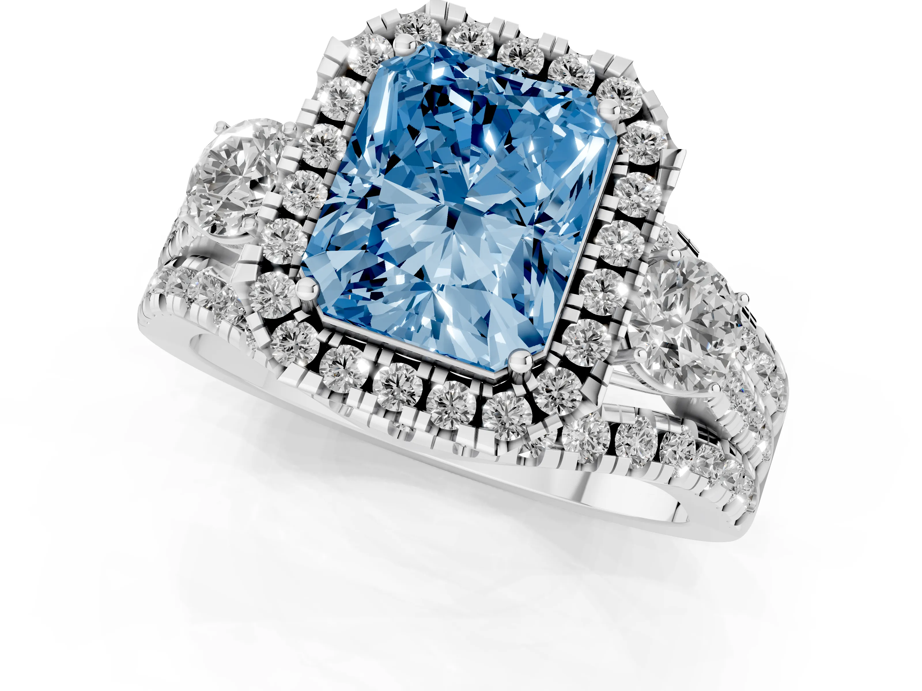 Fancy Blue Radiant Cut Diamond Halo Split Shank Ring Set in Platinum with Round Accent Stones and Prong Setting