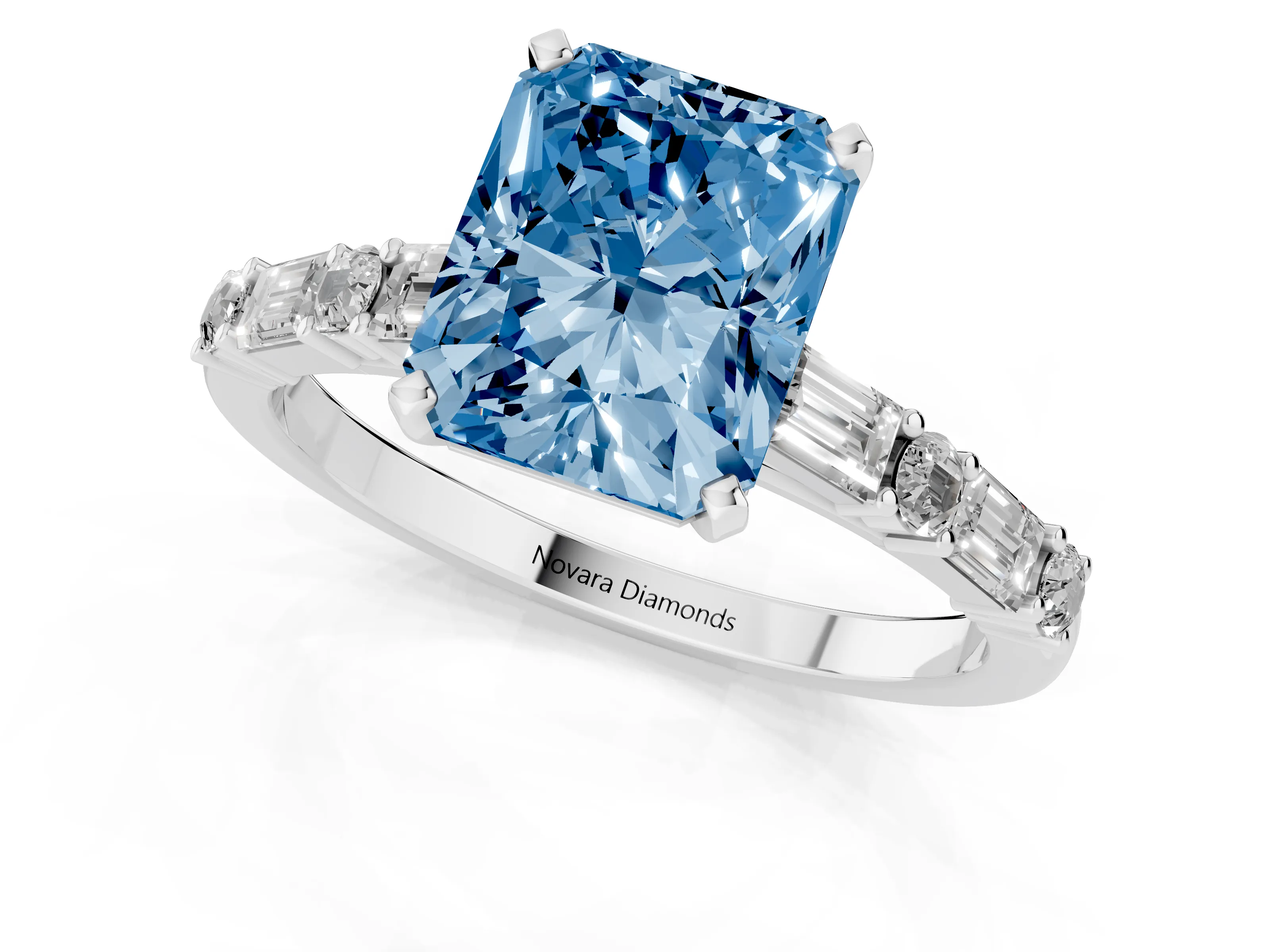Fancy Blue Radiant Cut Diamond Solitaire Set in Platinum with Side Baguettes and Channel Set Band