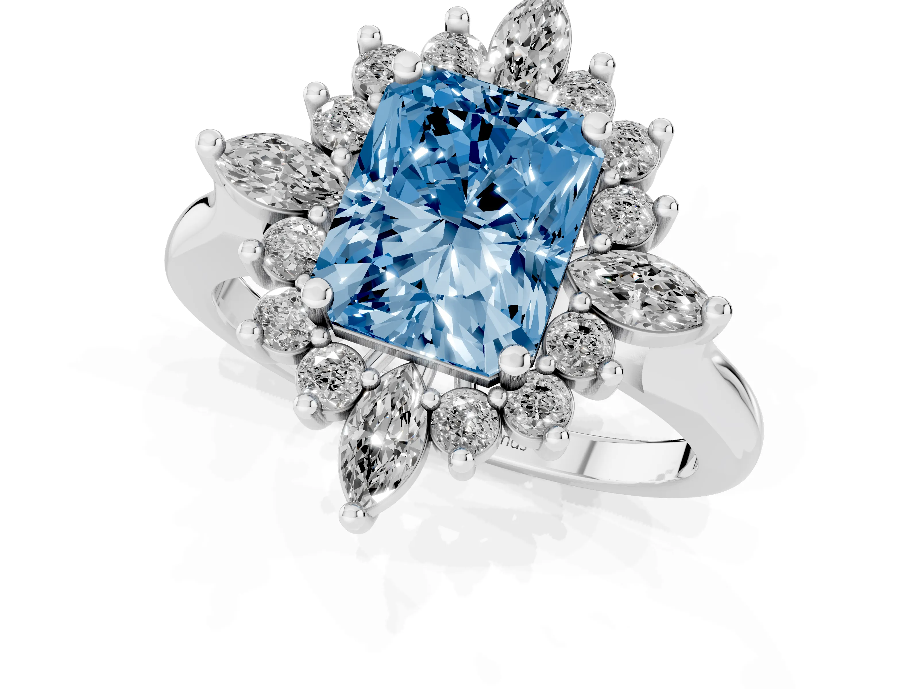 Fancy Blue Radiant Cut Diamond Cluster Halo Ring Set in Platinum with Marquise and Round Accents