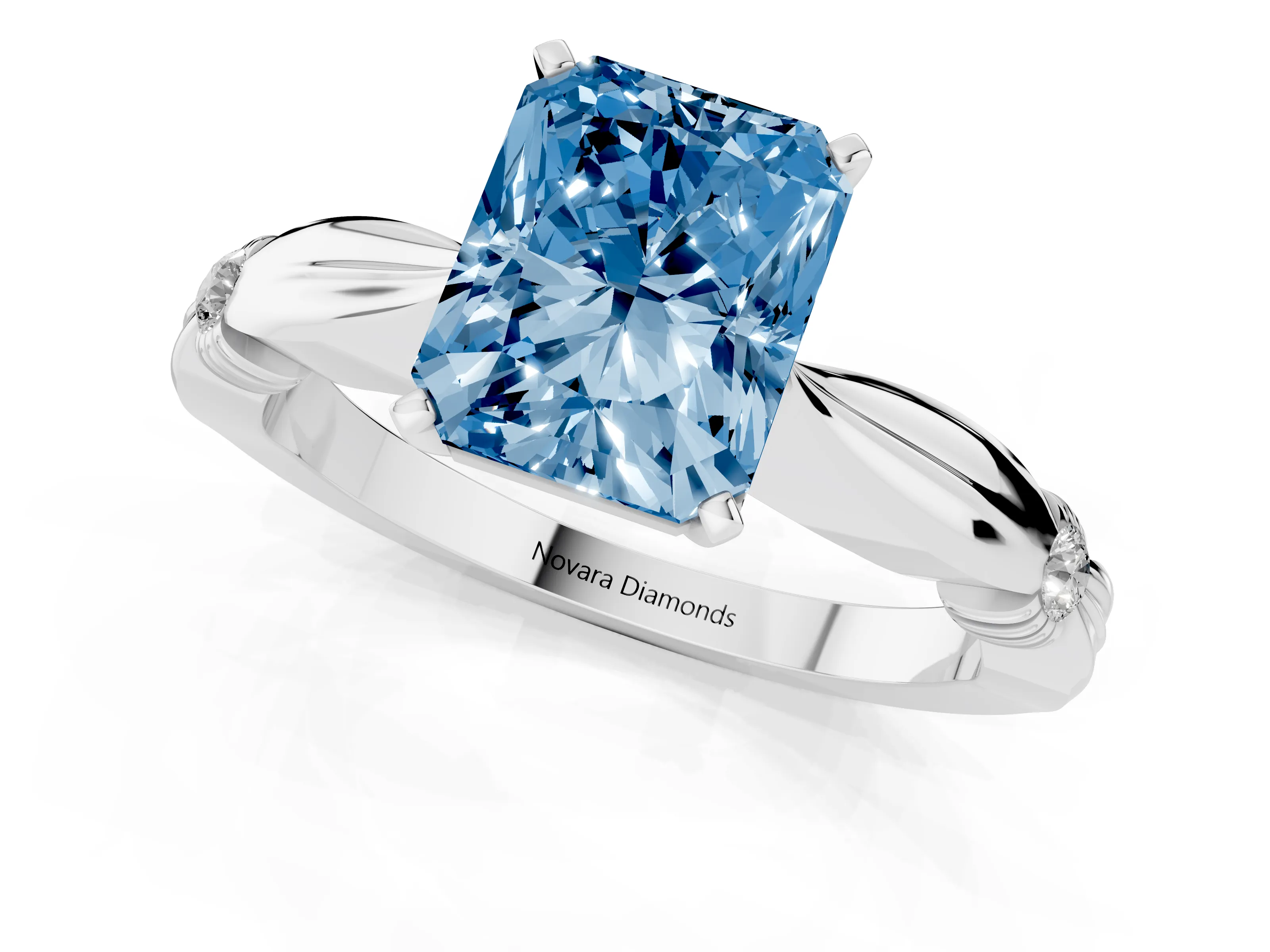 Fancy Blue Radiant Cut Diamond Solitaire Twisted Band Ring Set in White gold with Accent Stones and Prong Setting – second view