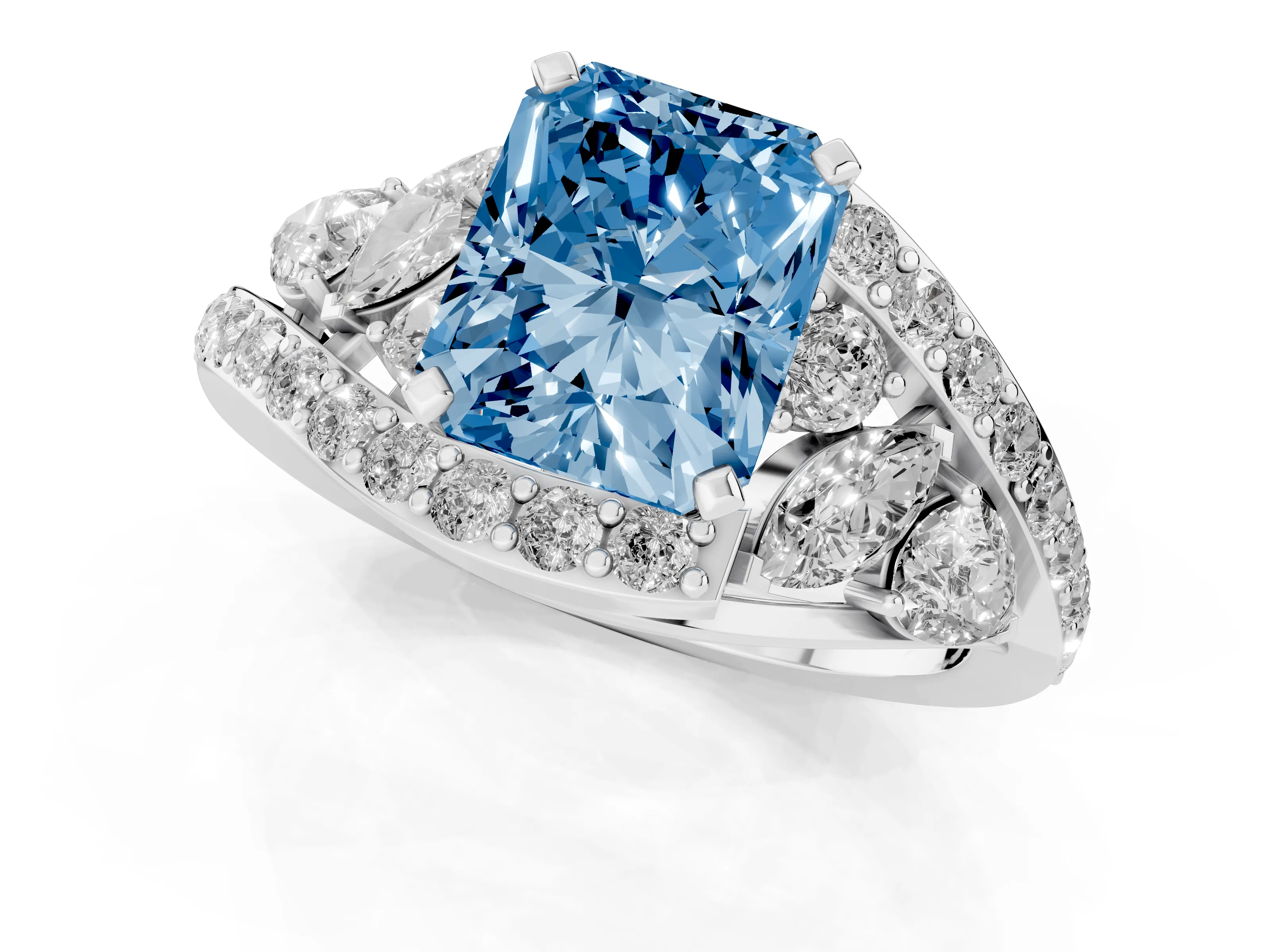 Fancy Blue Radiant Cut Diamond Halo Ring Set in White gold with Marquise and Pavé Band in Prong Setting