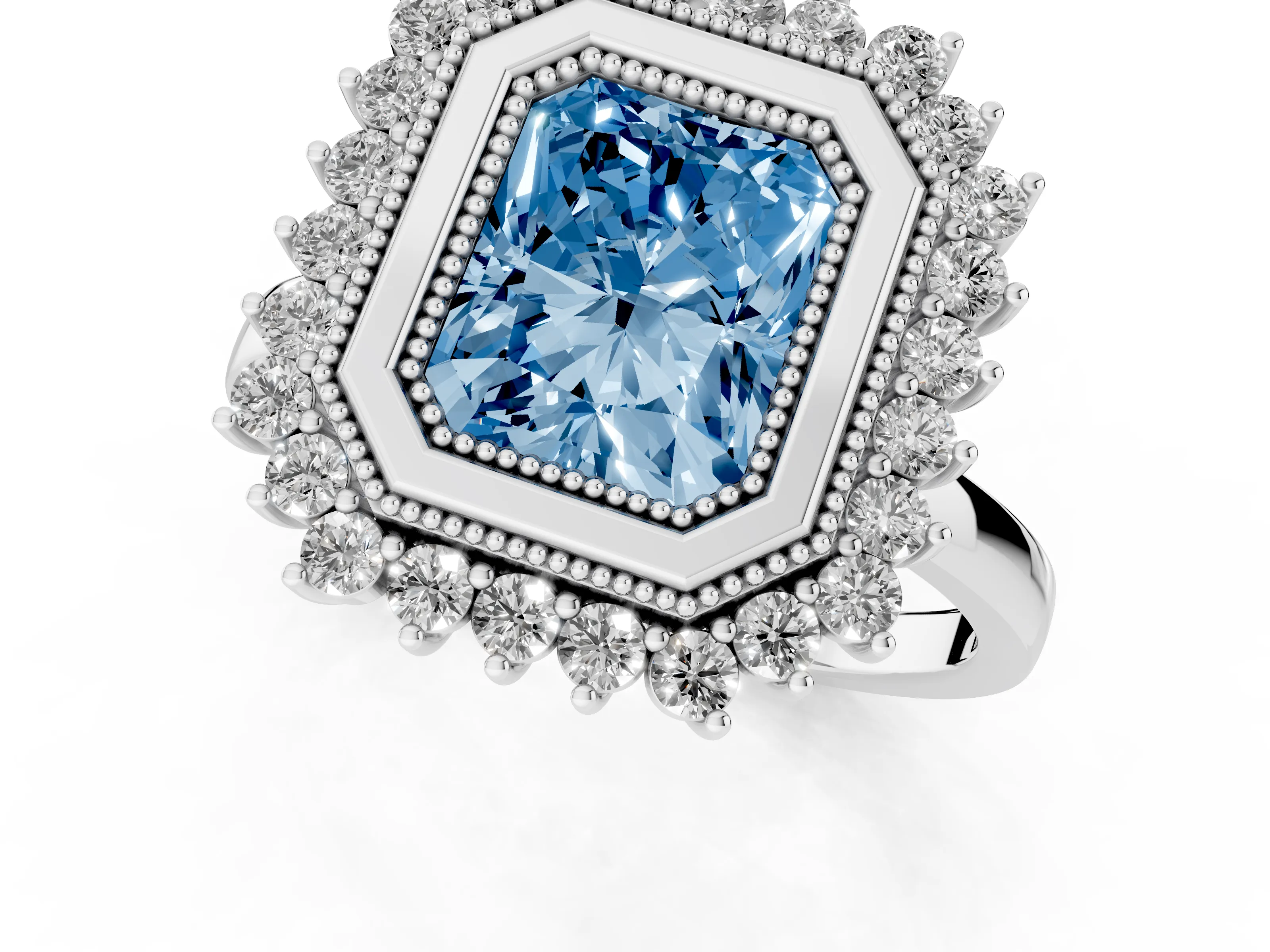 Fancy Blue Radiant Cut Diamond Halo Ring Set in Silver with Milgrain Edge and Round Prong Setting
