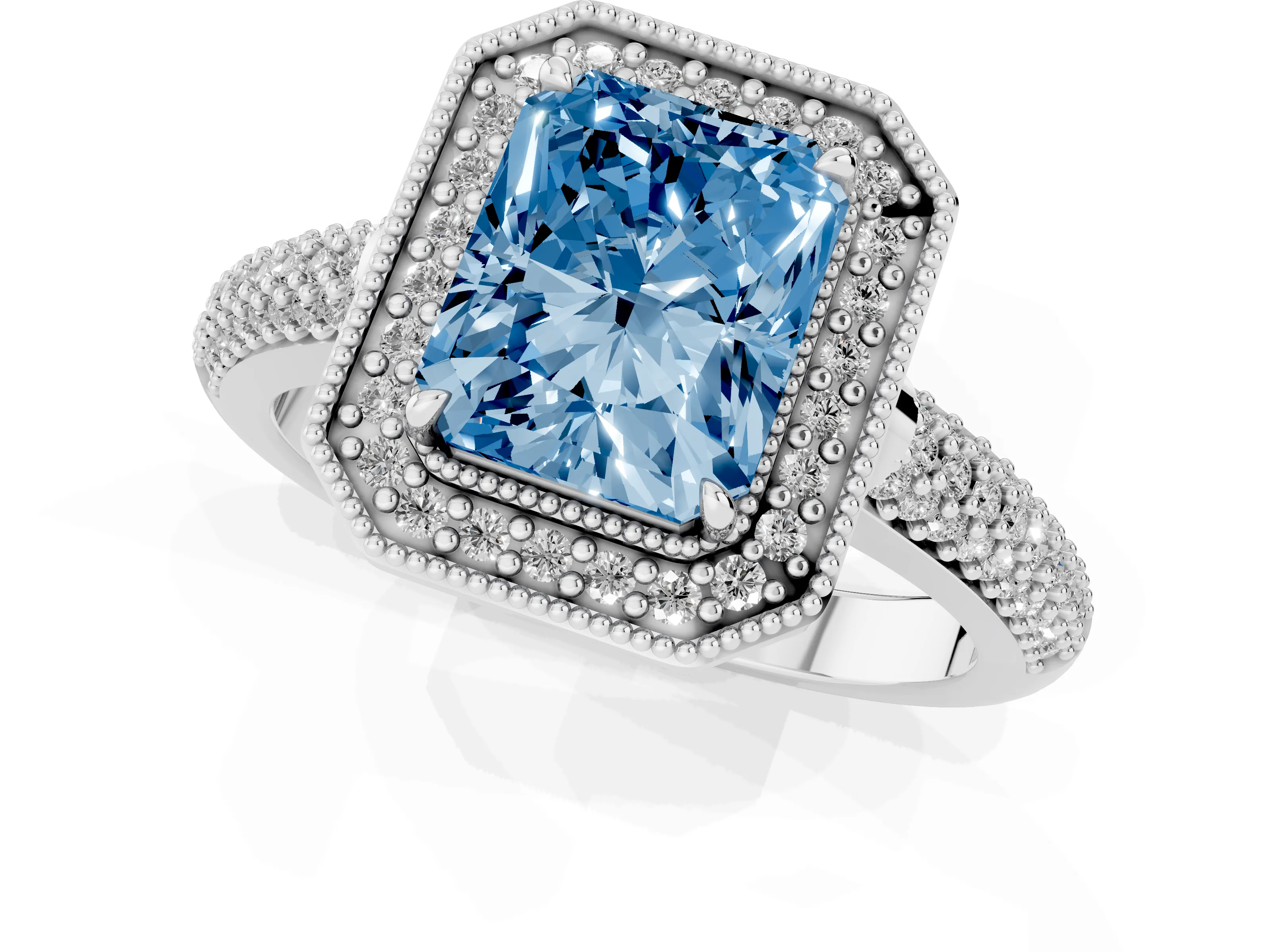 Fancy Blue Radiant Cut Diamond Halo Pavé Band Set in White gold with Prong Setting