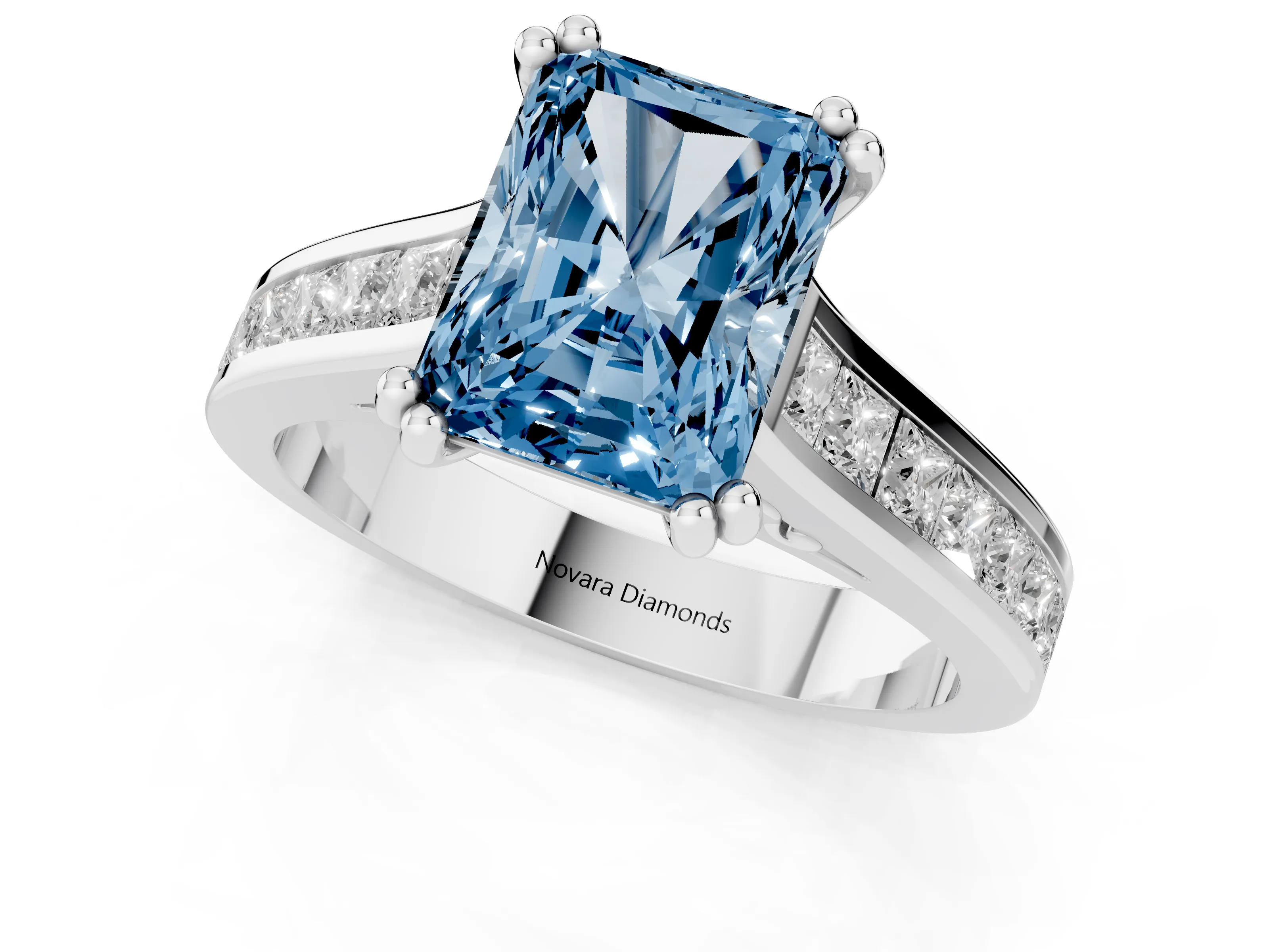 Fancy Blue Radiant Cut Diamond Channel Set Solitaire Engagement Ring Set in Silver with Prong Setting