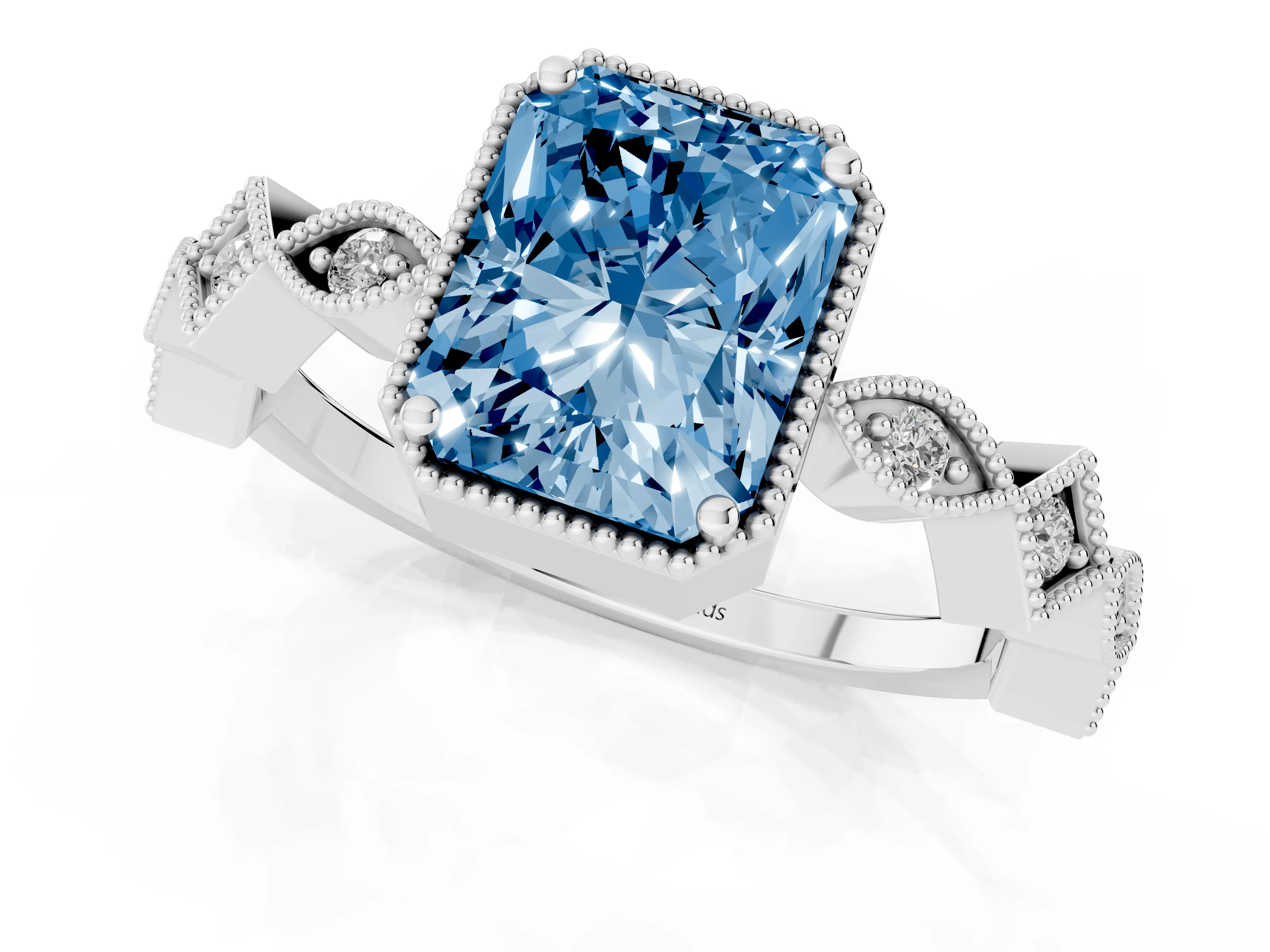 Fancy Blue Radiant Cut Diamond Milgrain Marquise Twist Band Ring Set in Platinum with Prong Setting