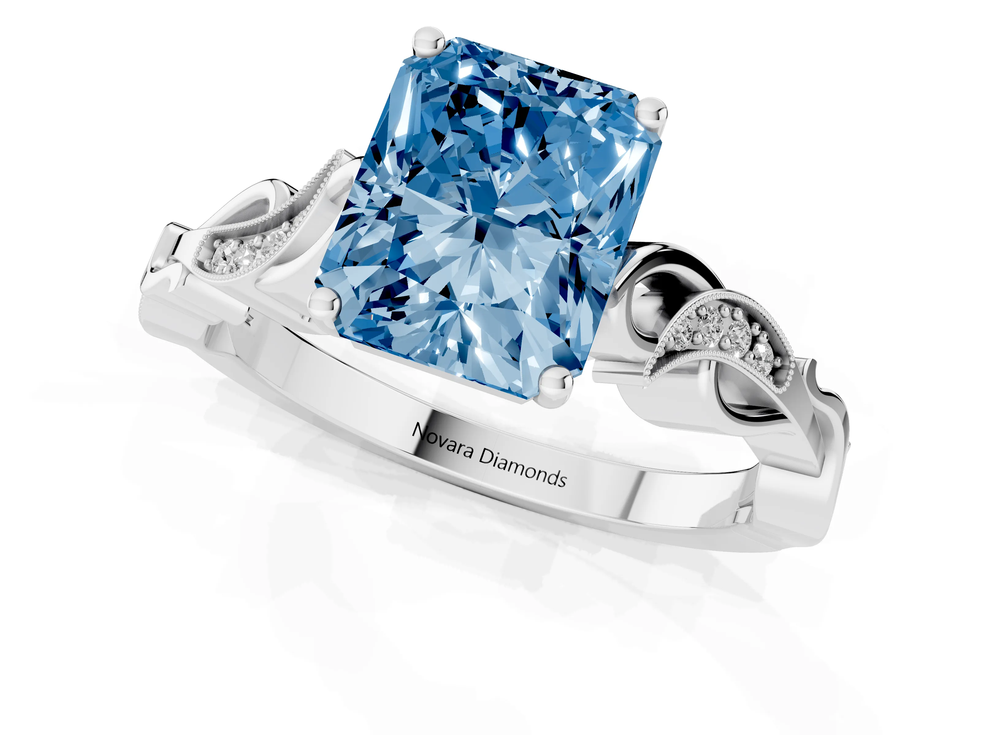 Fancy Blue Radiant Cut Diamond Vine Band Solitaire Ring Set in Platinum with Milgrain Prong Setting