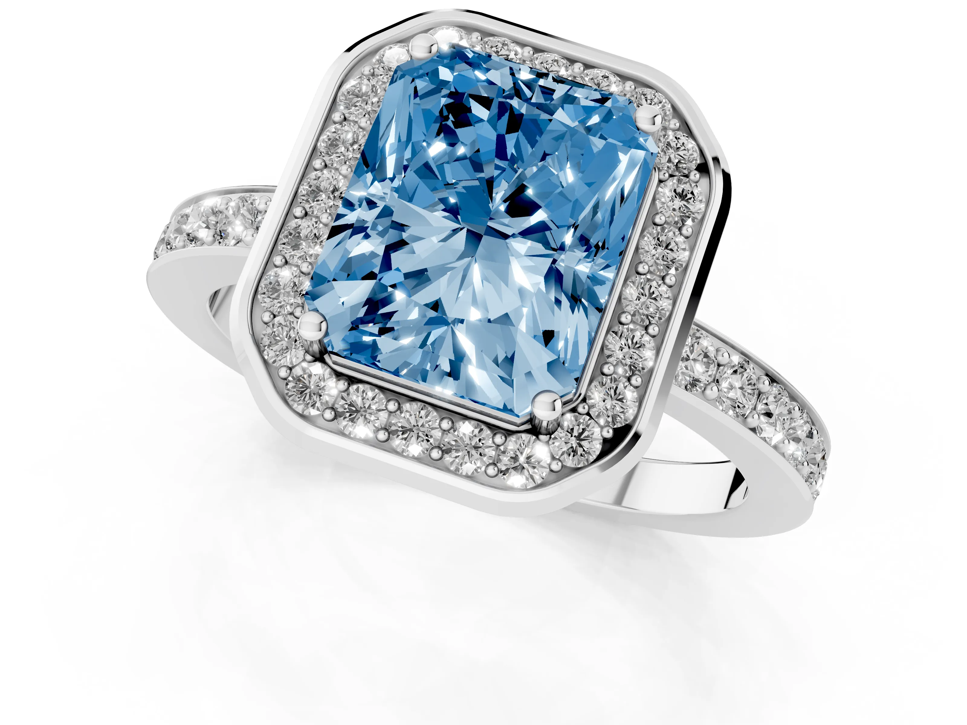 Fancy Blue Radiant Cut Diamond Halo Ring Set in Platinum with Bezel Frame and Pavé Band